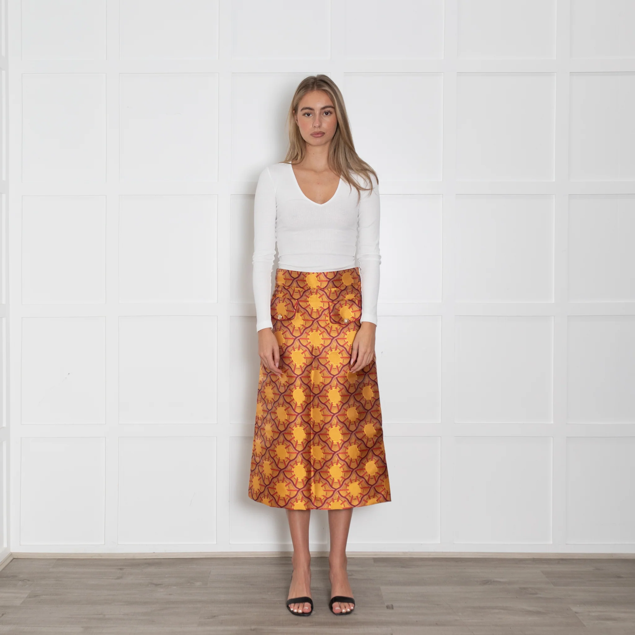 Lisou Burgundy, Yellow, Gold Patterned Midi Skirt