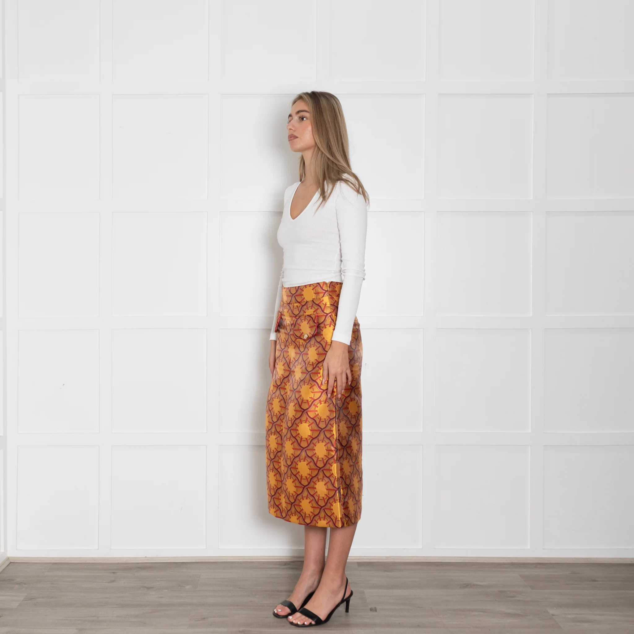 Lisou Burgundy, Yellow, Gold Patterned Midi Skirt - Image 3