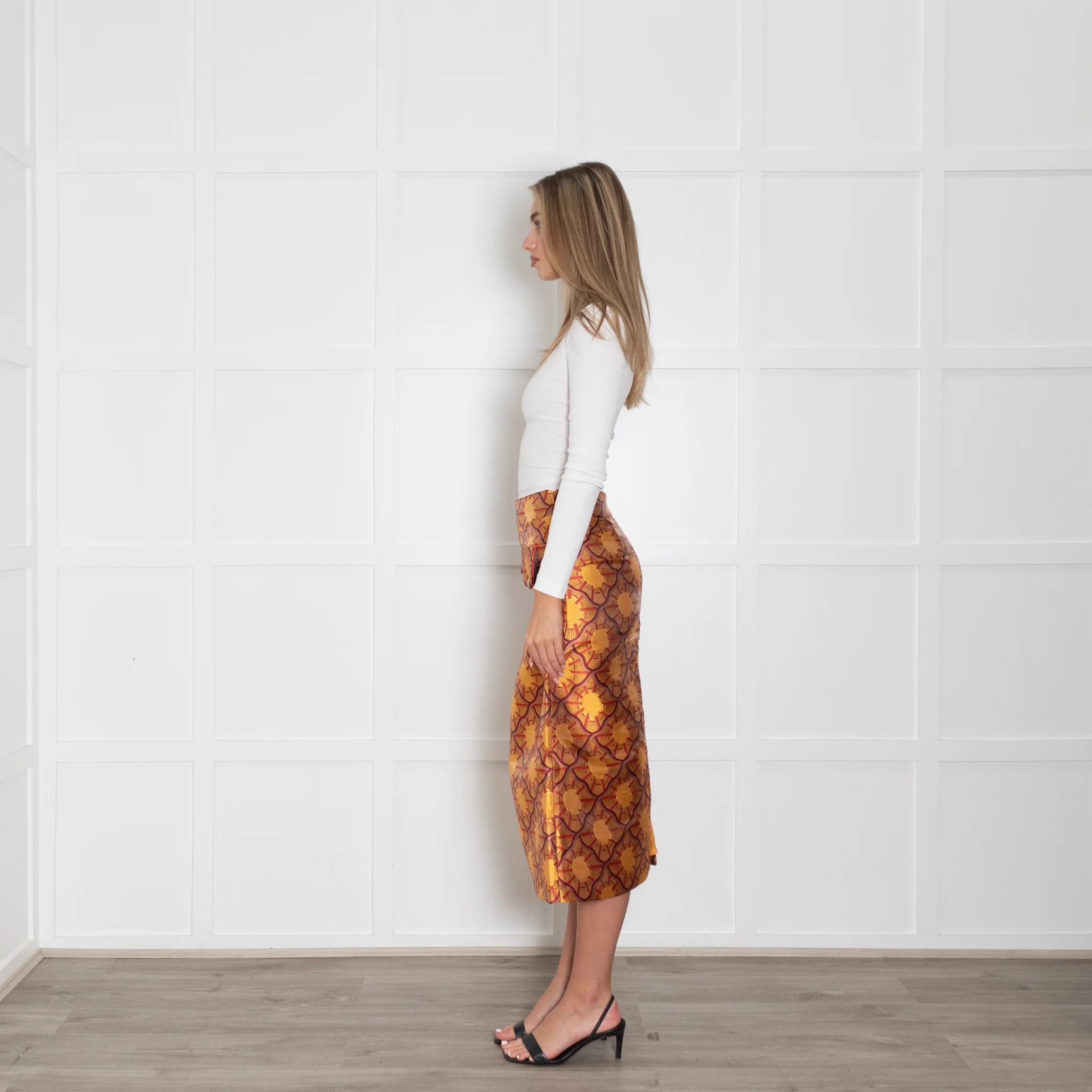 Lisou Burgundy, Yellow, Gold Patterned Midi Skirt - Image 4