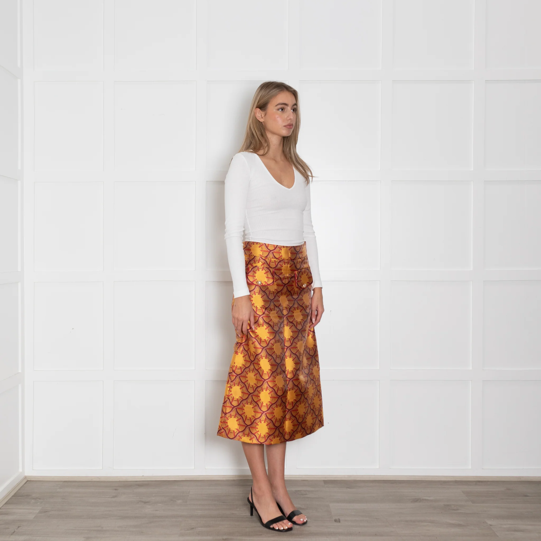Lisou Burgundy, Yellow, Gold Patterned Midi Skirt - Image 7