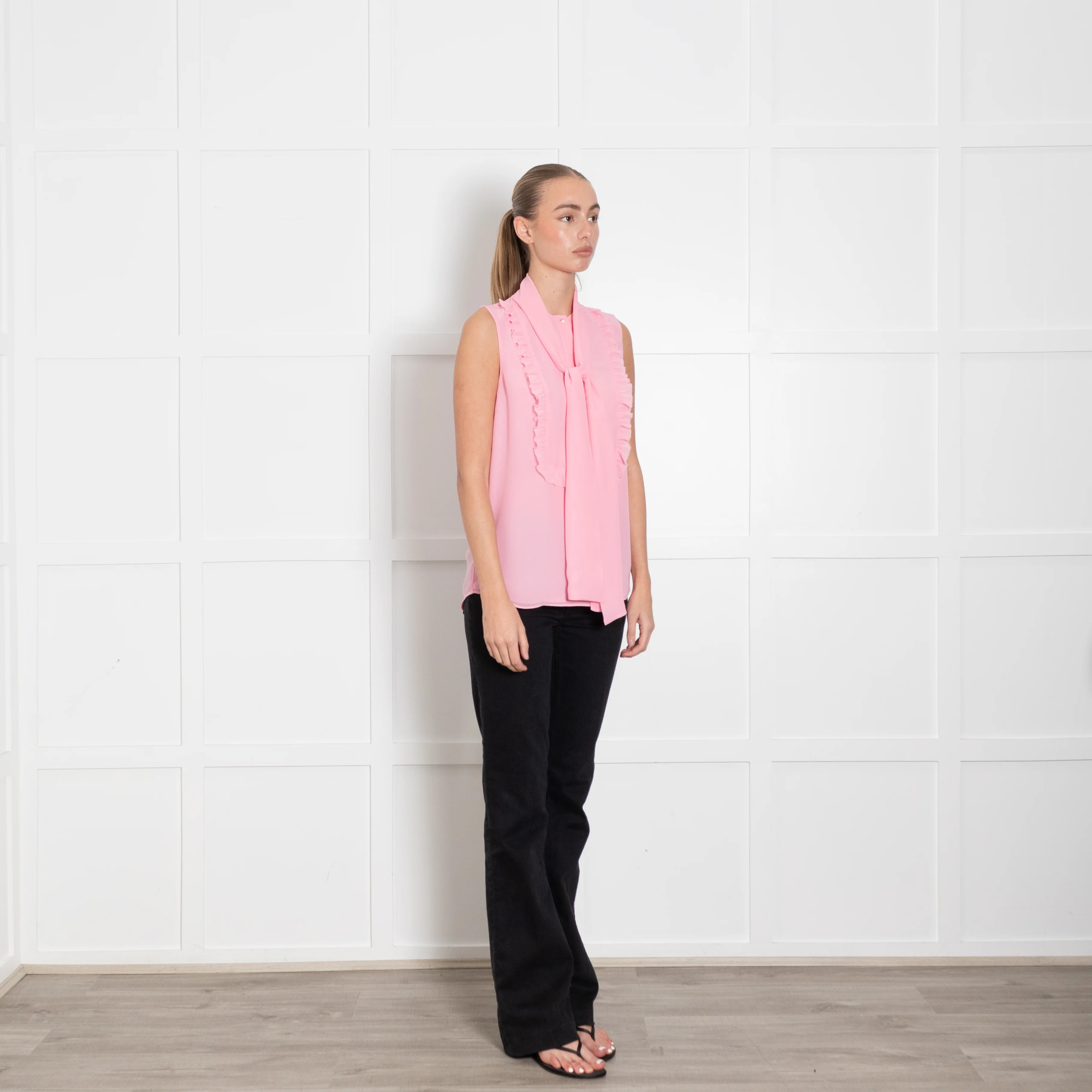 Liu Jo Sugar Pink Ruffle Front Tie Neck Sleeveless Top - Image 7