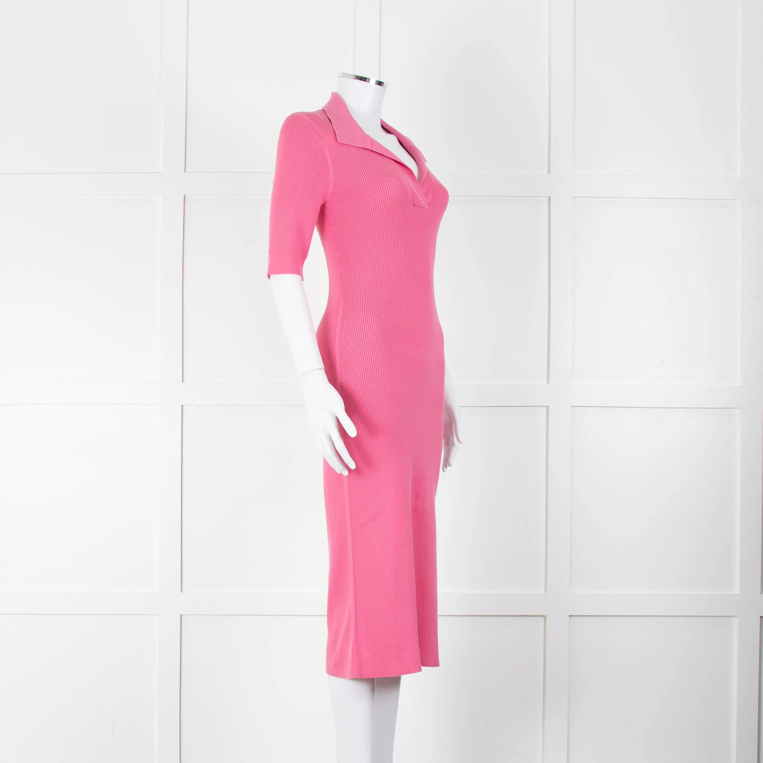 LK Bennett Bright Pink Rib Knit Fit and Flare Midi Dress - Image 2