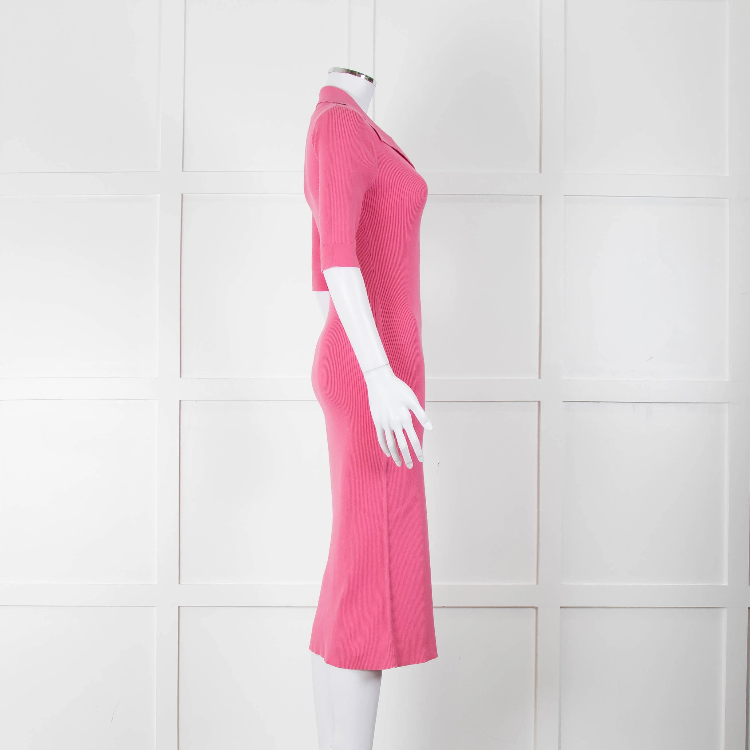 LK Bennett Bright Pink Rib Knit Fit and Flare Midi Dress - Image 3