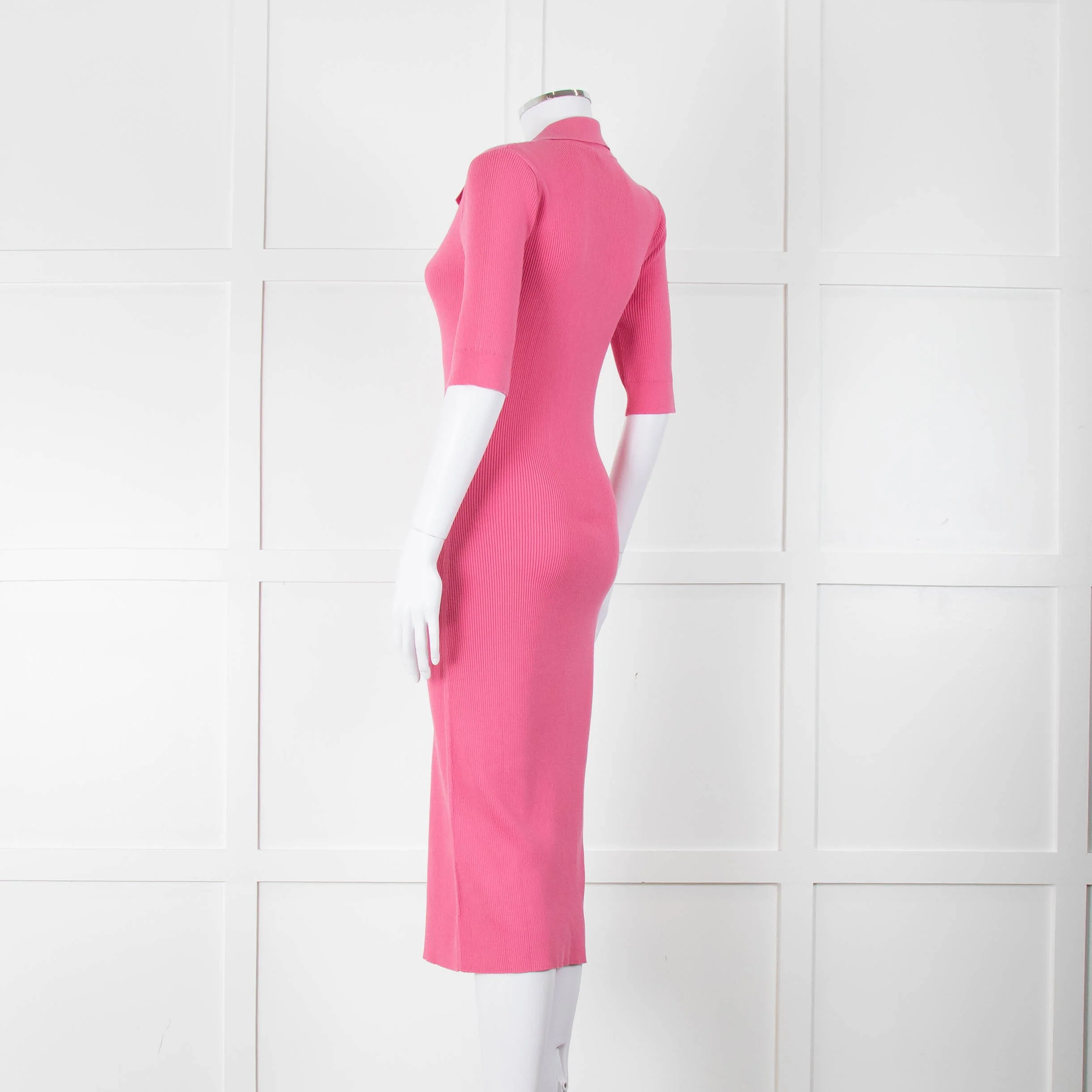 LK Bennett Bright Pink Rib Knit Fit and Flare Midi Dress - Image 6