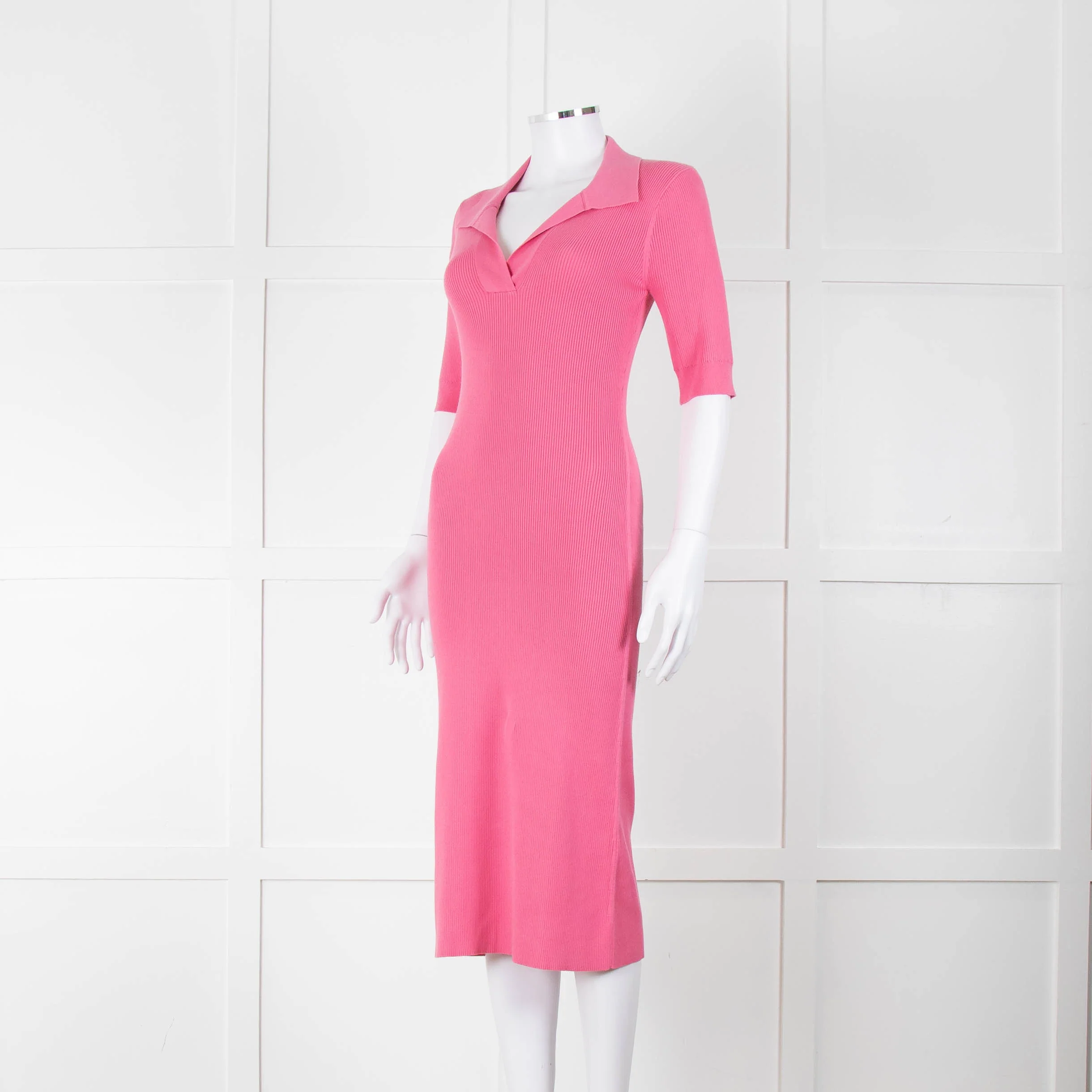 LK Bennett Bright Pink Rib Knit Fit and Flare Midi Dress - Image 8