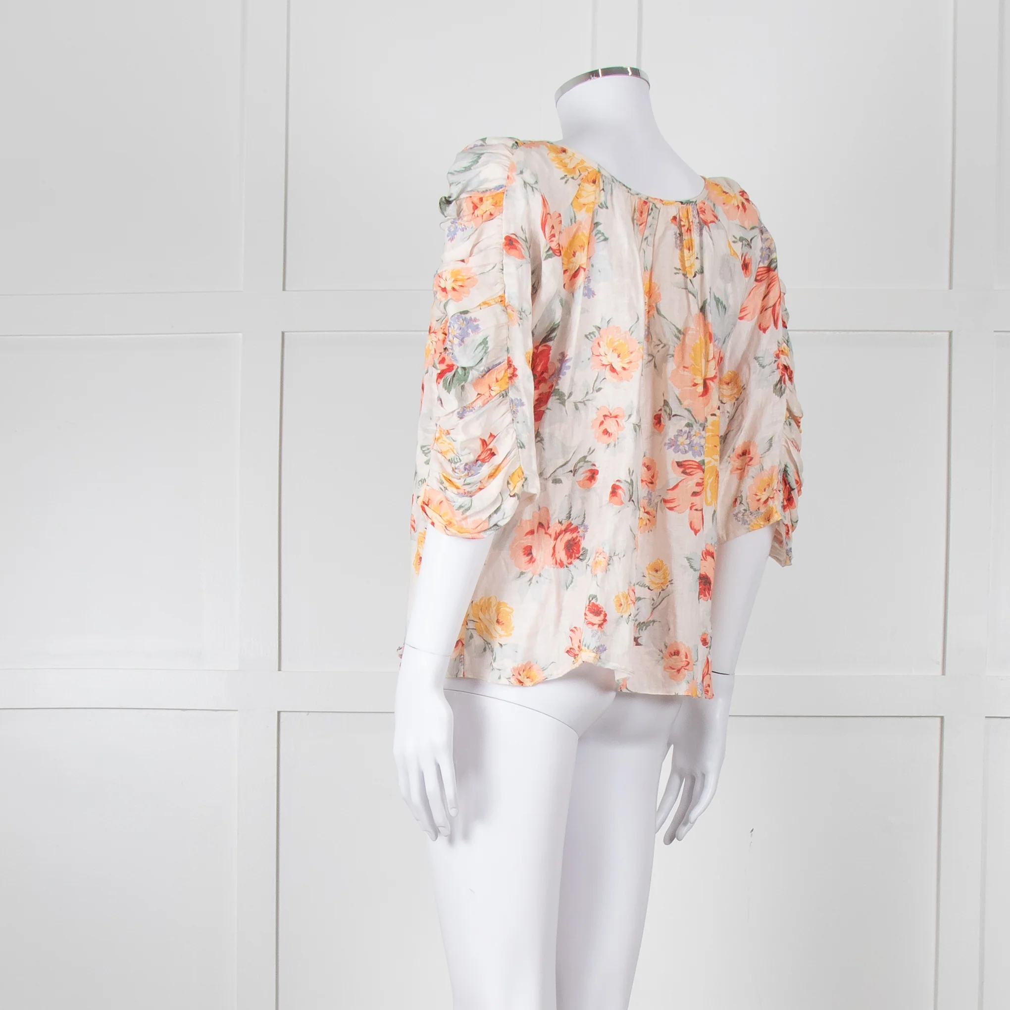 Loeffler RANDALL Orange Linen Floral Ruched Sleeve Top - Image 4