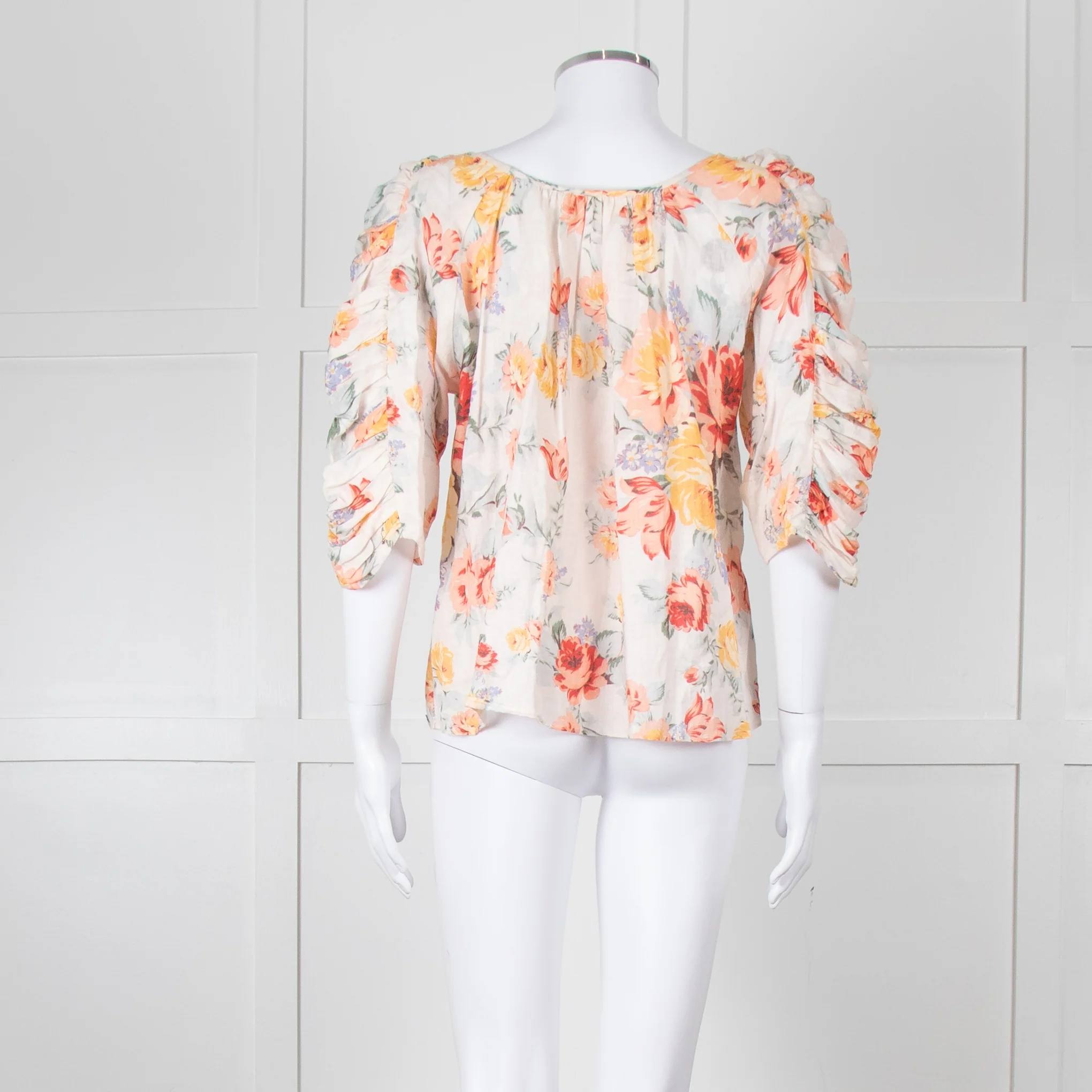 Loeffler RANDALL Orange Linen Floral Ruched Sleeve Top - Image 5
