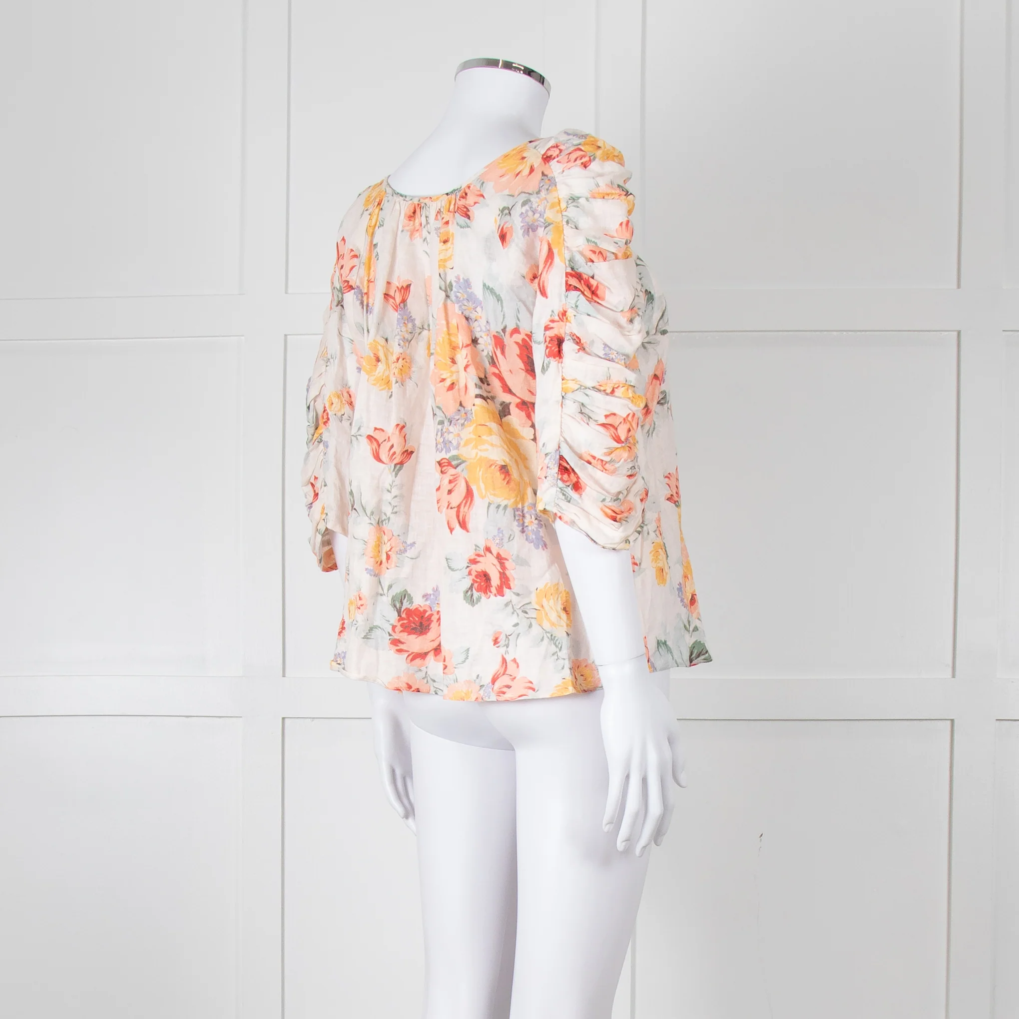 Loeffler RANDALL Orange Linen Floral Ruched Sleeve Top - Image 6