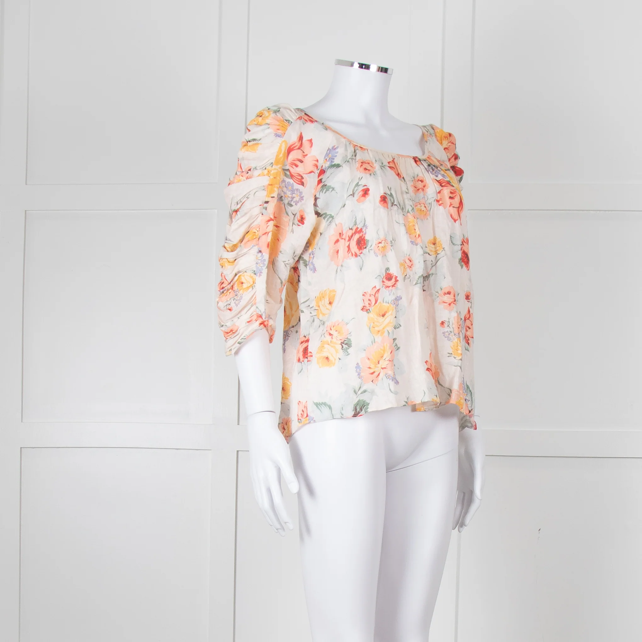 Loeffler RANDALL Orange Linen Floral Ruched Sleeve Top - Image 8