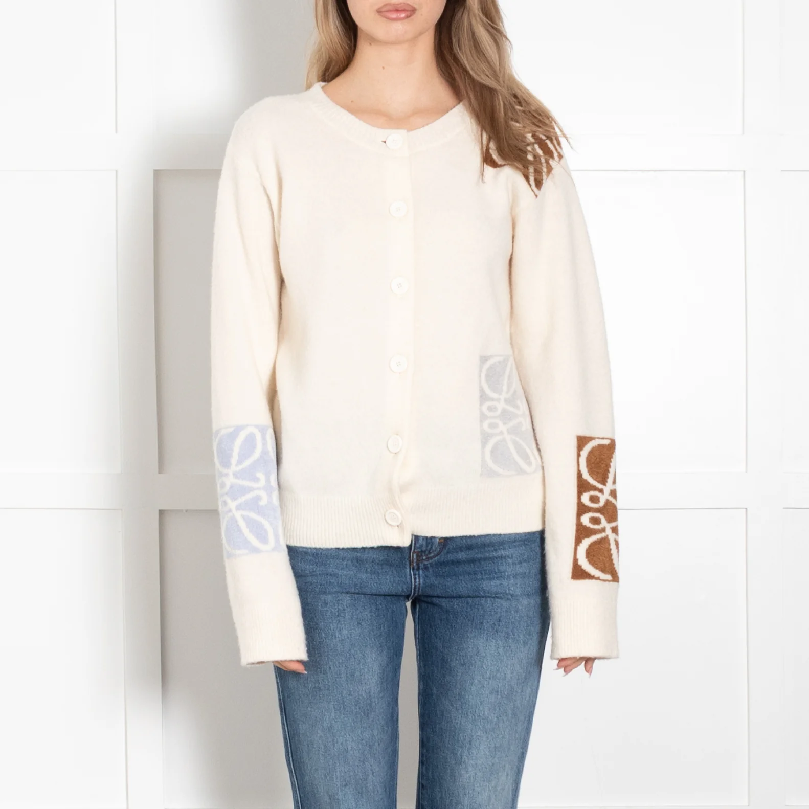 Loewe Cream, Camel and Pale Blue Anagram Wool Cardigan - Image 2