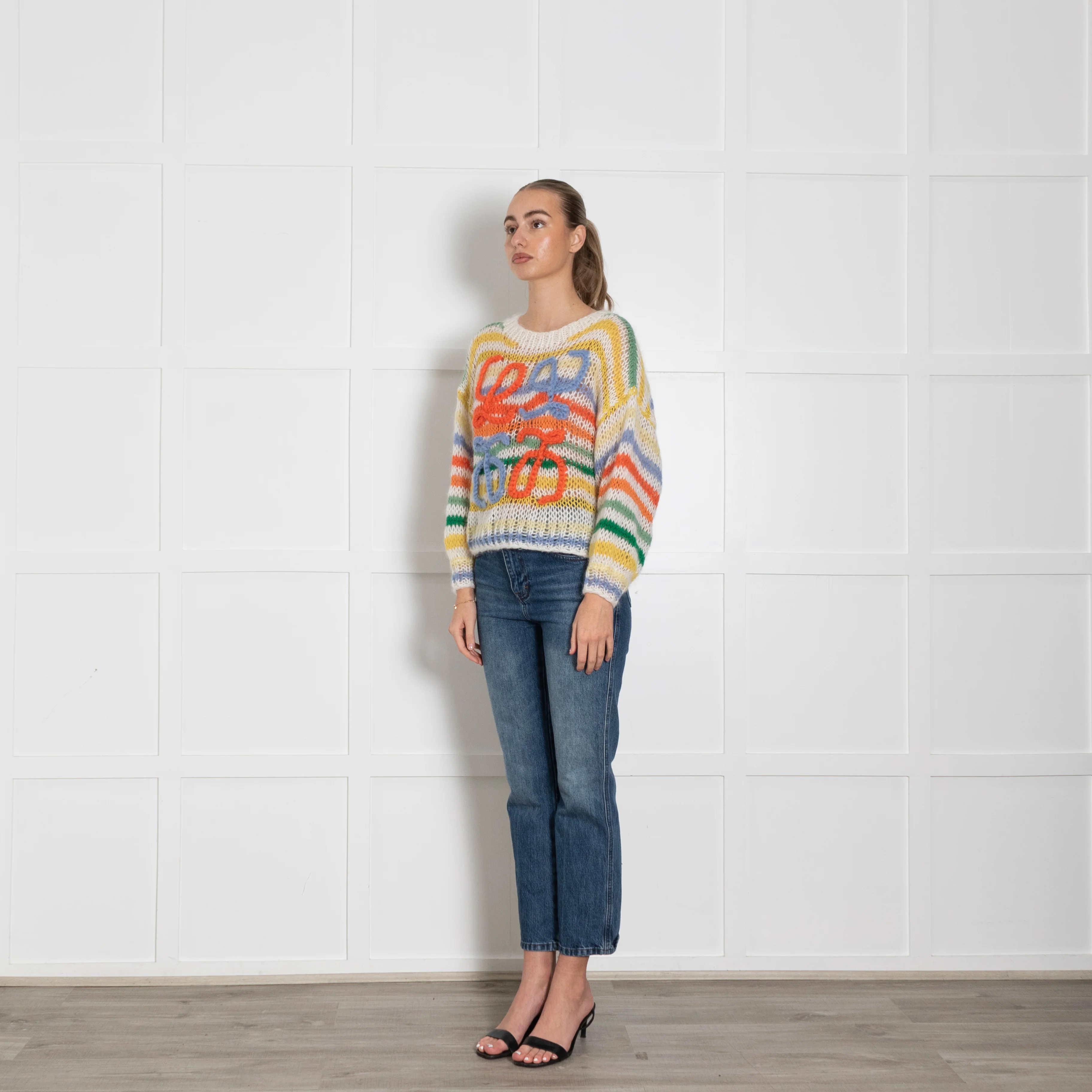 Loewe Cream Yellow Orange Blue Stripe Mohair Wool Blend Oversized Jumper - Image 3