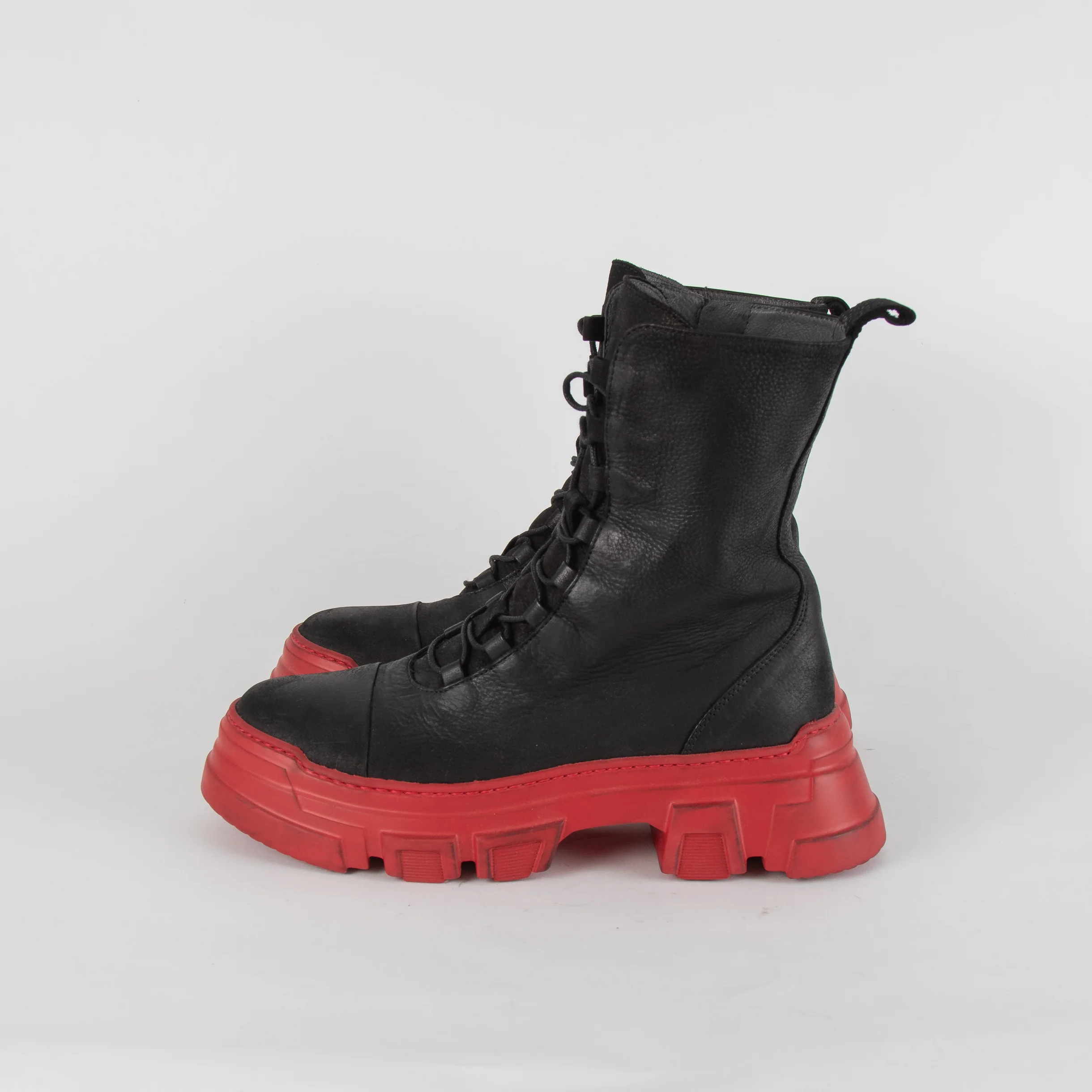Lofina Black Combat Boots with Chunky Red Sole - Image 3