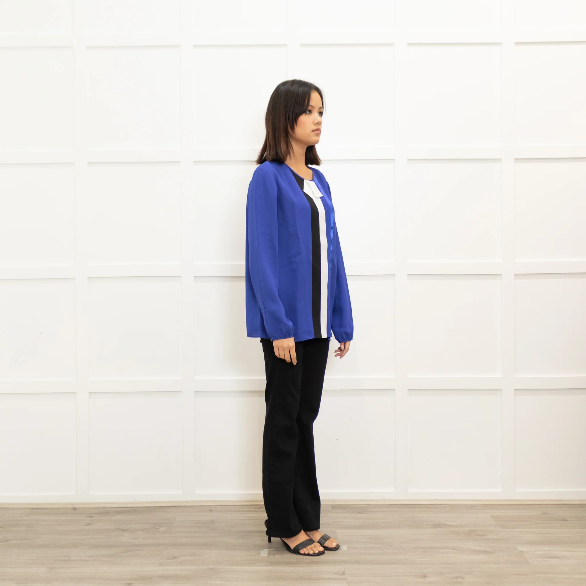 Longchamp Bright Blue Silk Blouse with Grosgrain Bib Stripe - Image 3
