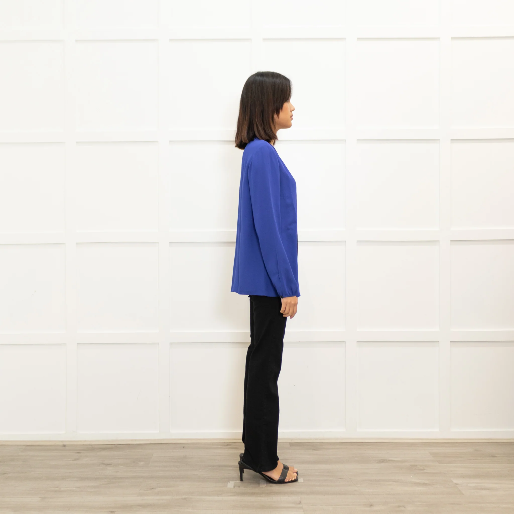 Longchamp Bright Blue Silk Blouse with Grosgrain Bib Stripe - Image 4
