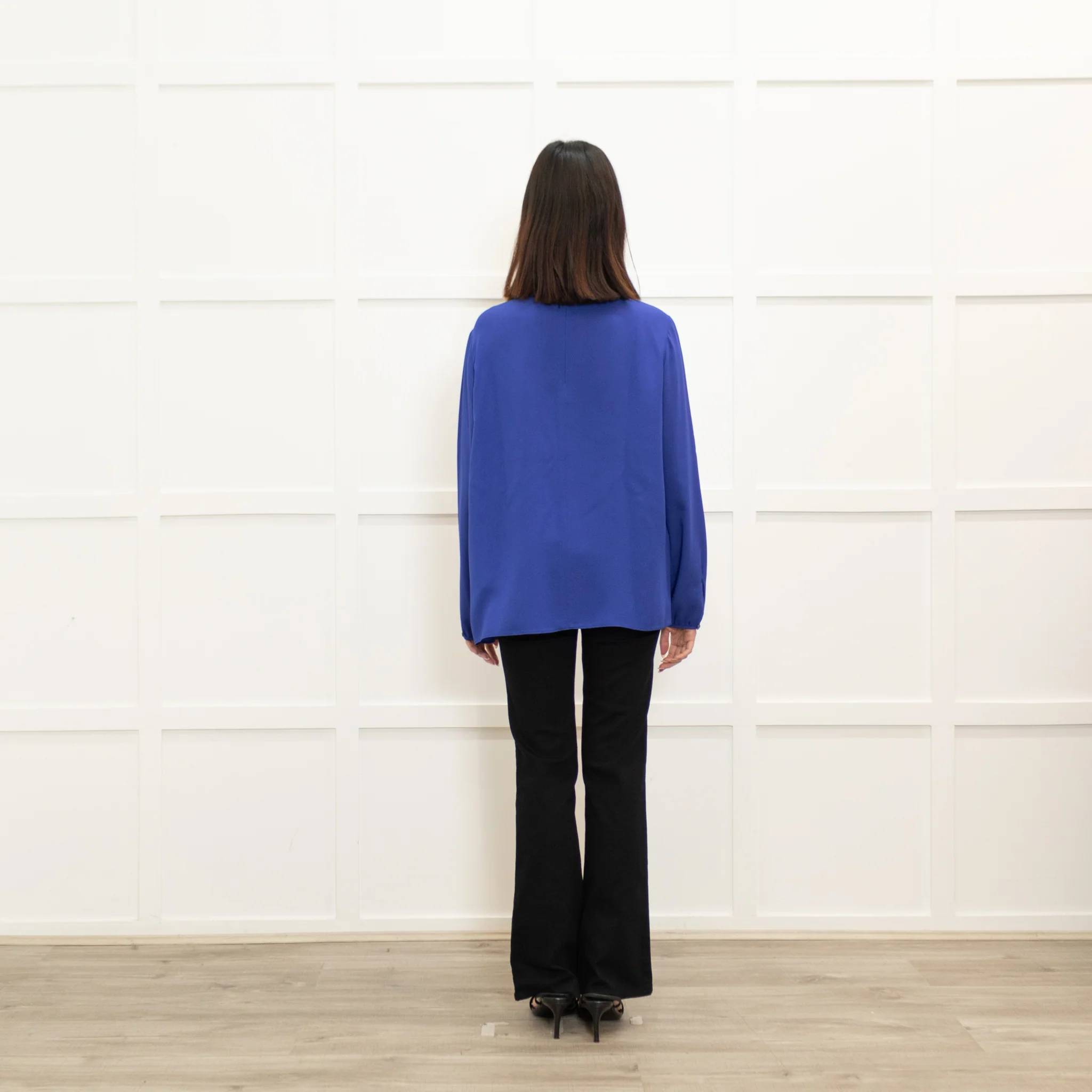 Longchamp Bright Blue Silk Blouse with Grosgrain Bib Stripe - Image 5