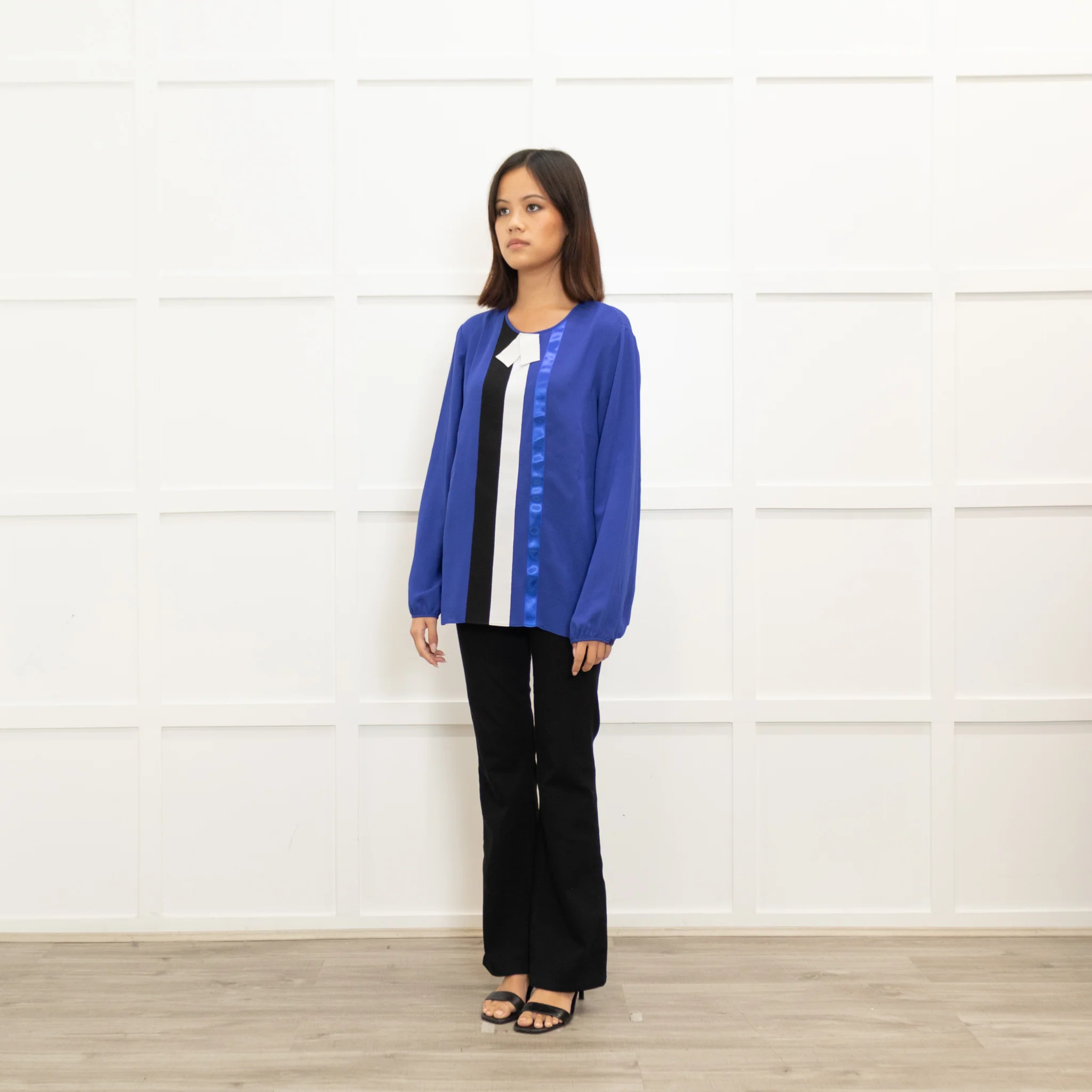 Longchamp Bright Blue Silk Blouse with Grosgrain Bib Stripe - Image 7