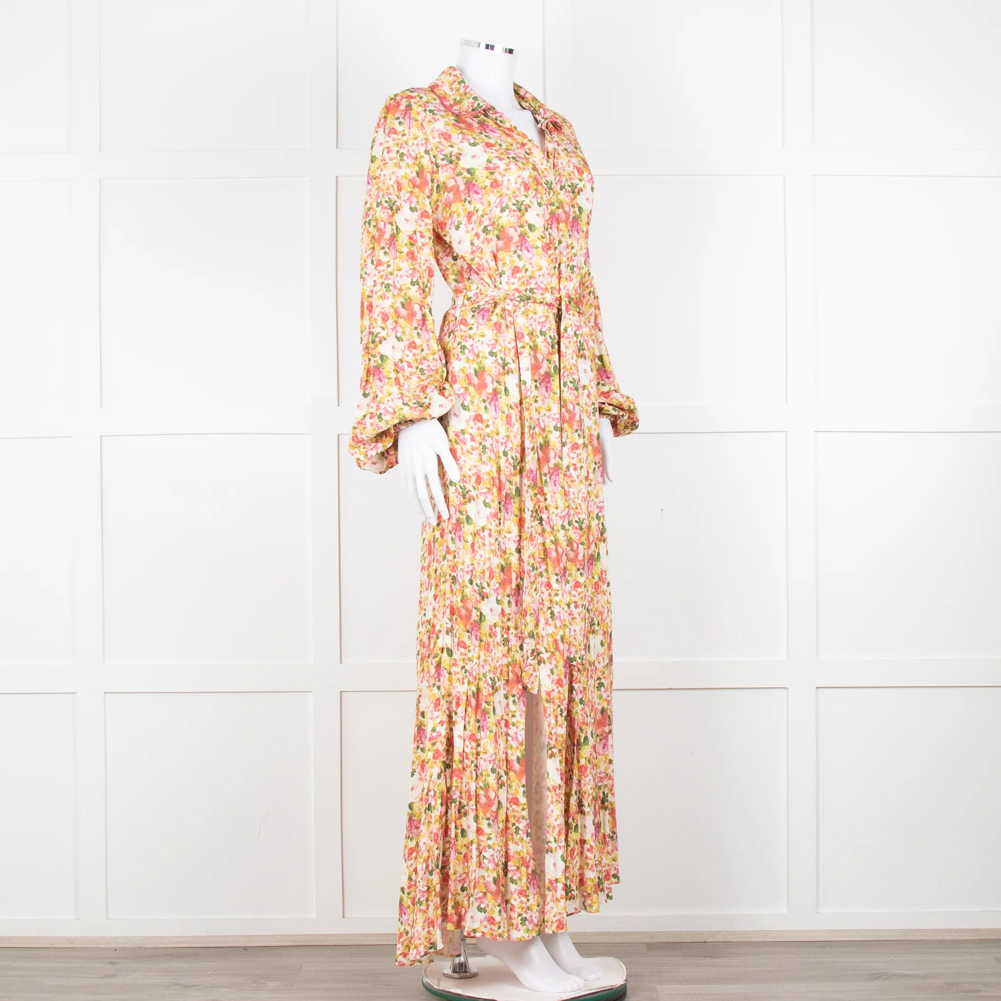 Loretta Caponi Cream Pink Yellow Floral Long Sleeve Maxi Dress - Image 2