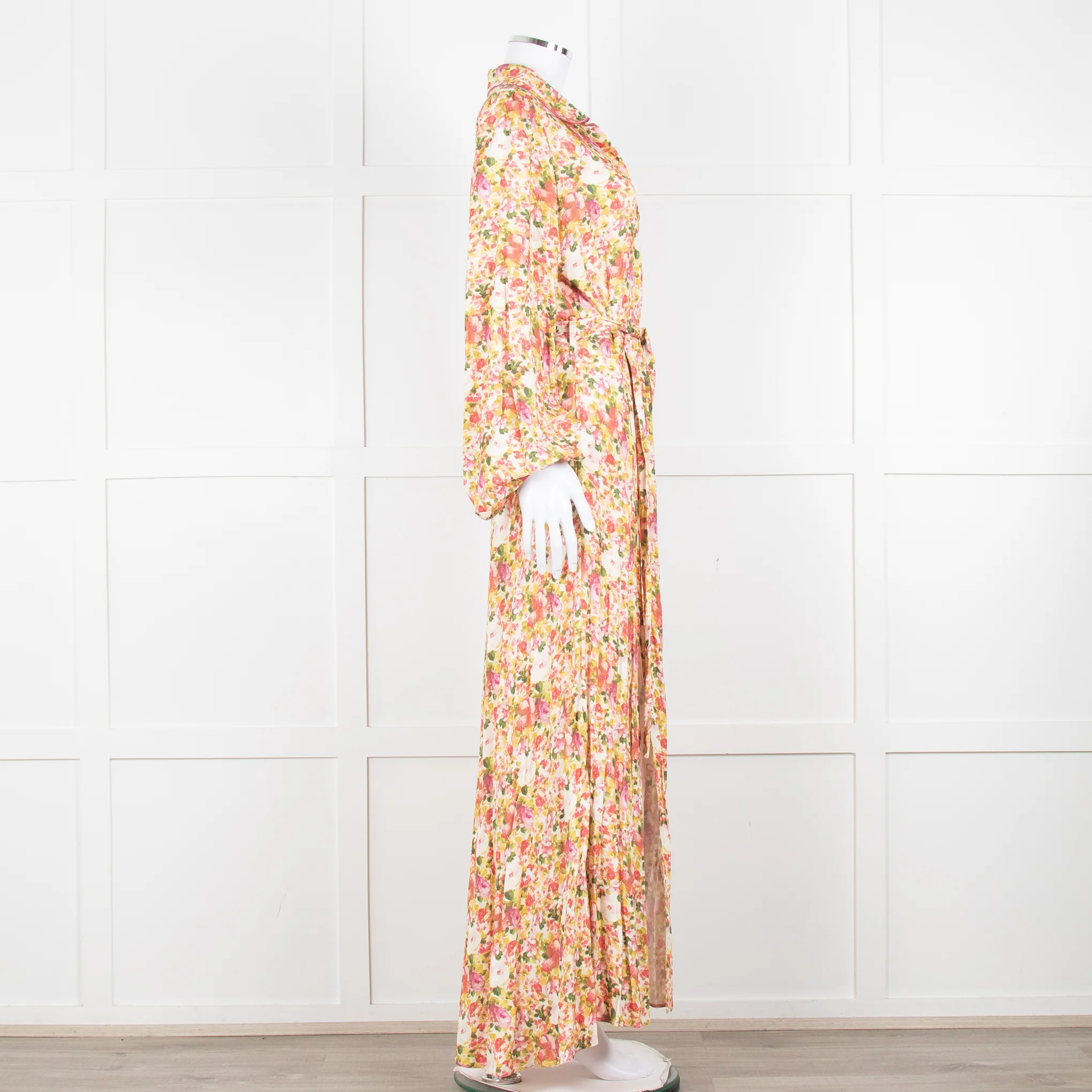 Loretta Caponi Cream Pink Yellow Floral Long Sleeve Maxi Dress - Image 3