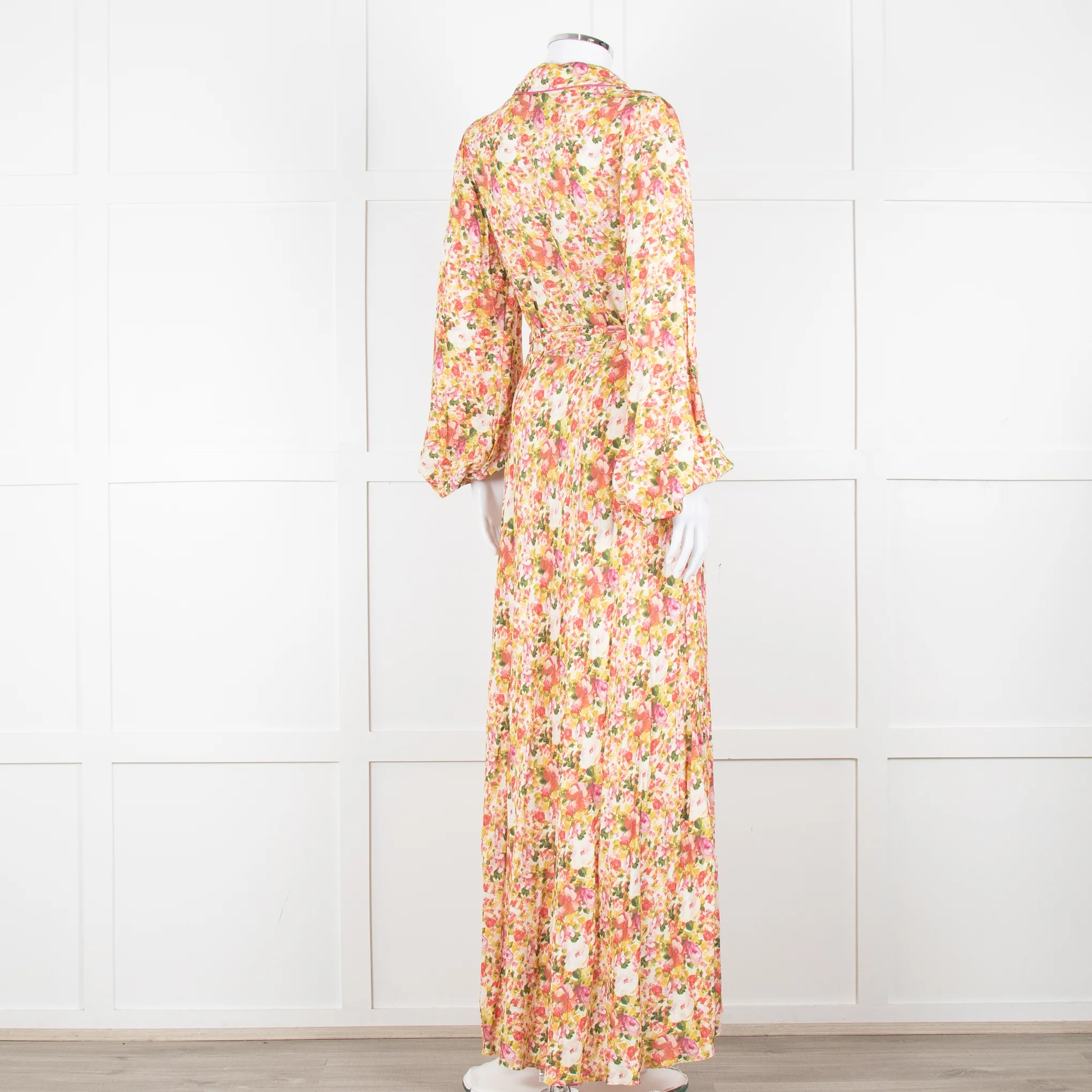 Loretta Caponi Cream Pink Yellow Floral Long Sleeve Maxi Dress - Image 4