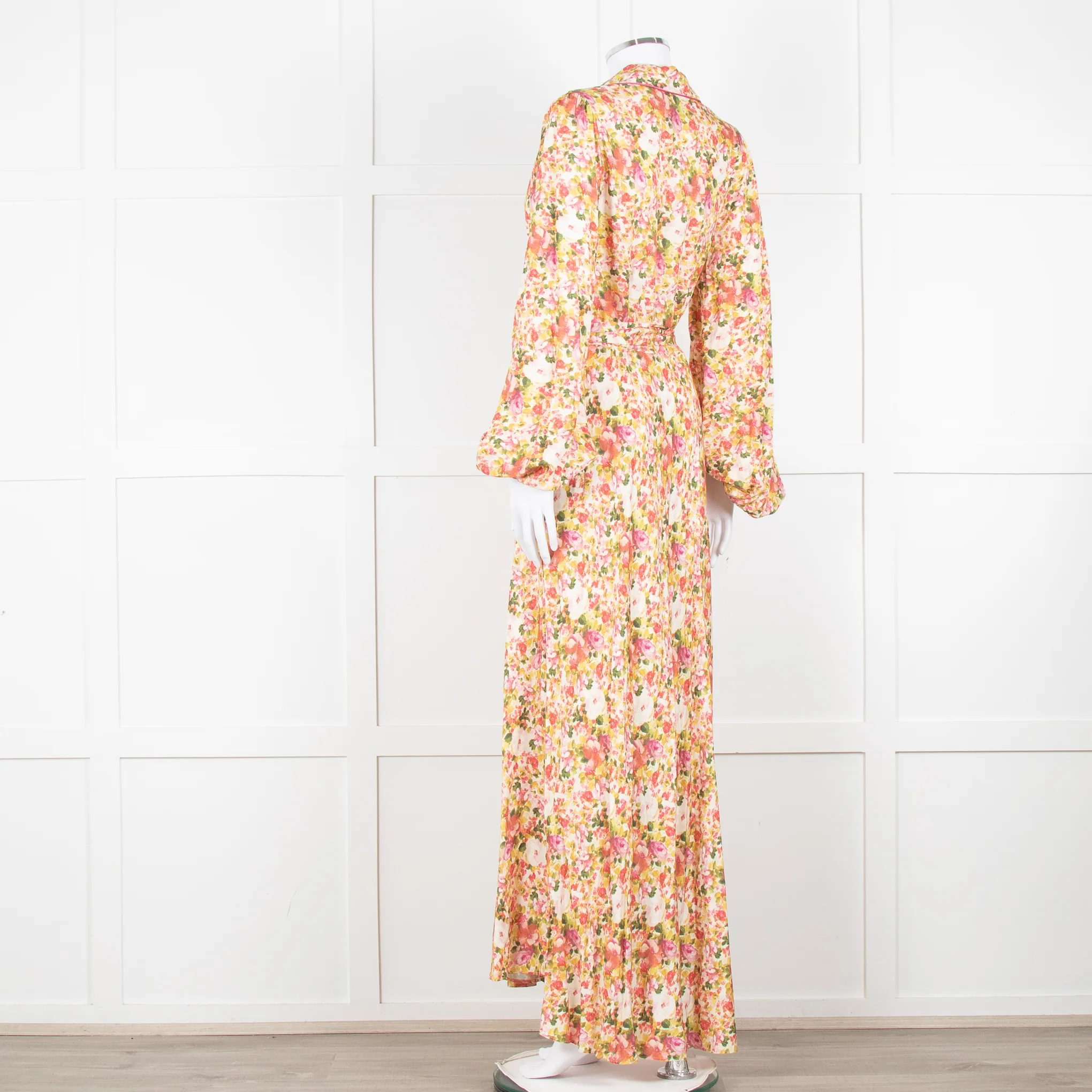 Loretta Caponi Cream Pink Yellow Floral Long Sleeve Maxi Dress - Image 6