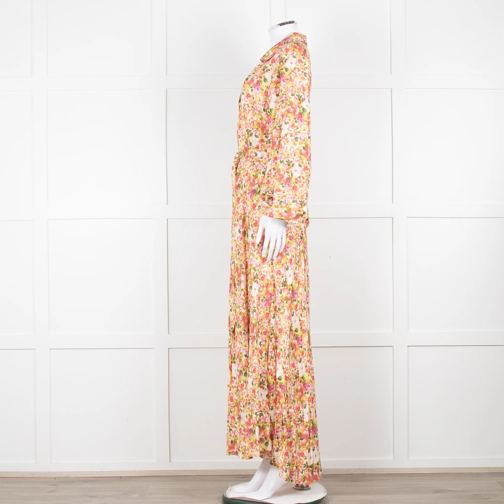 Loretta Caponi Cream Pink Yellow Floral Long Sleeve Maxi Dress - Image 7
