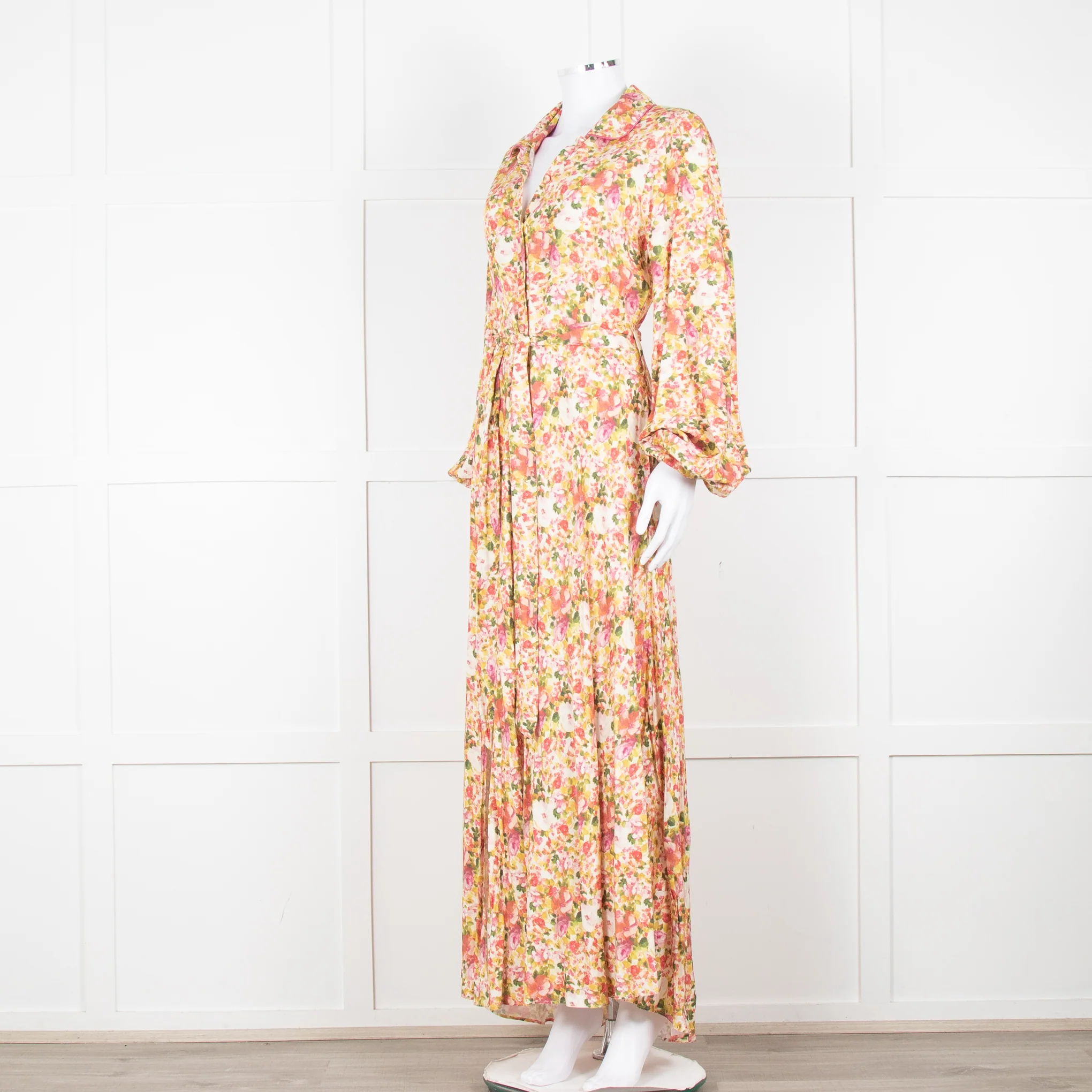 Loretta Caponi Cream Pink Yellow Floral Long Sleeve Maxi Dress - Image 8