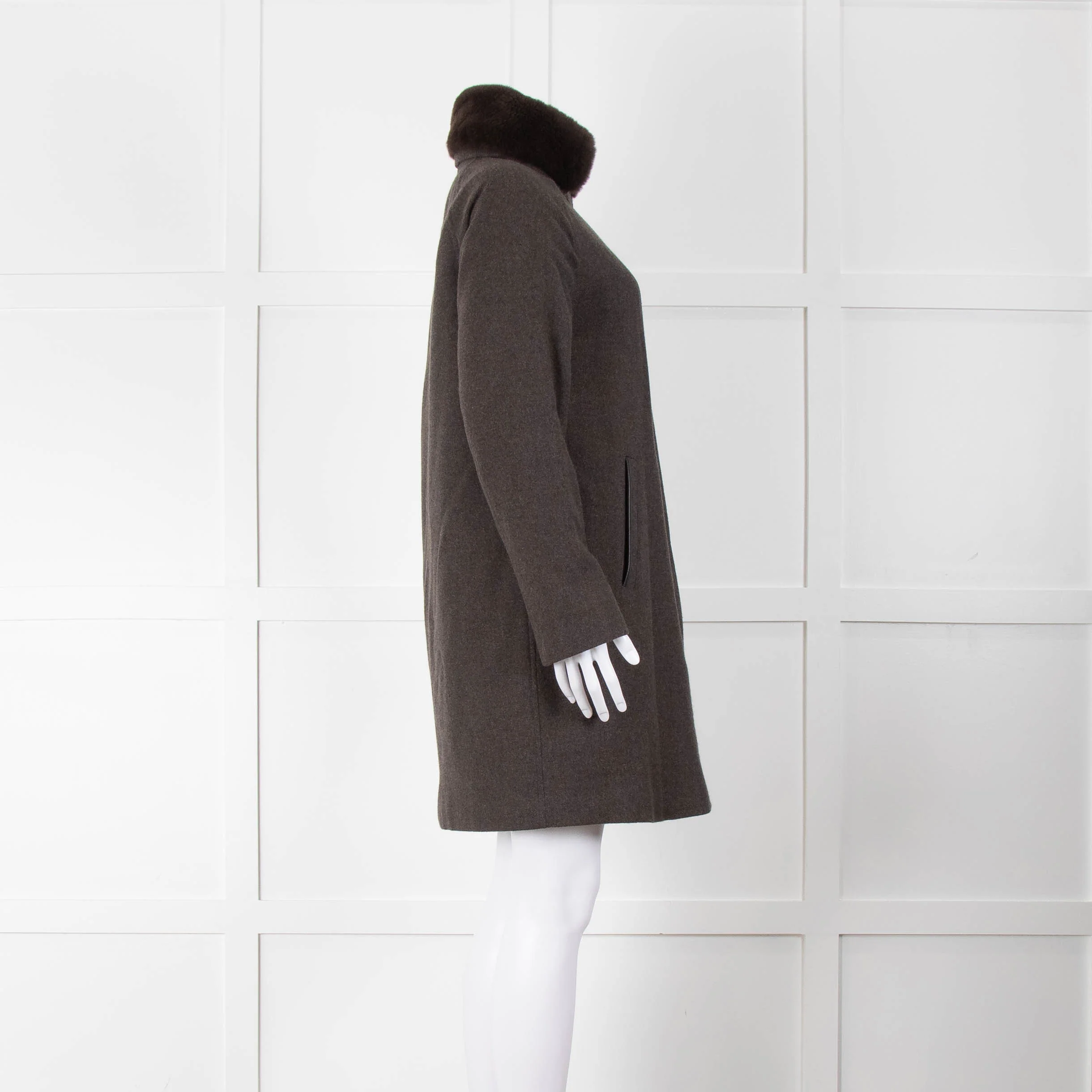 Loro Piana Brown Cashmere Fur Trim Collar Coat - Image 3