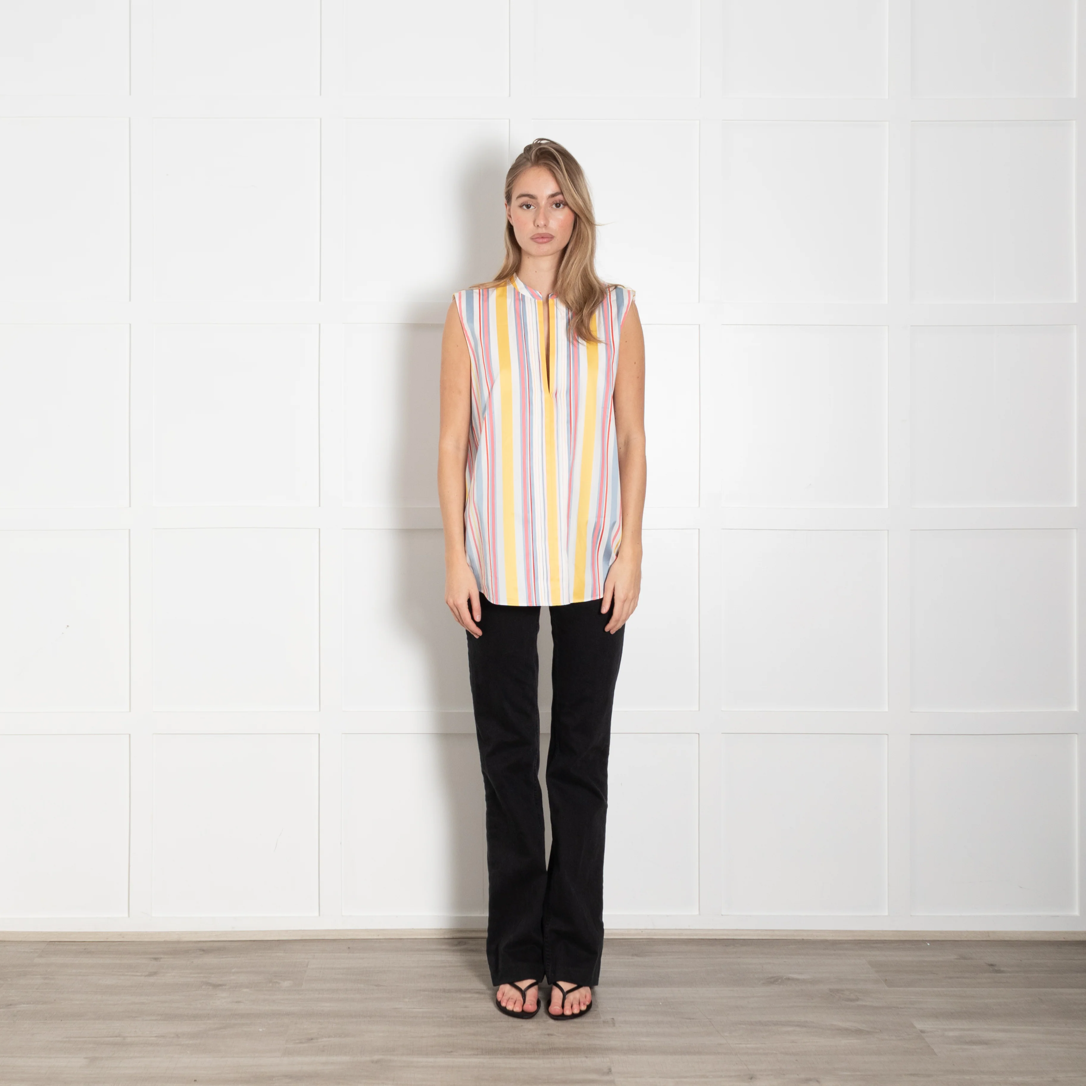 Loro Piana Cream Blue Yellow Striped Sleeveless Cotton Top