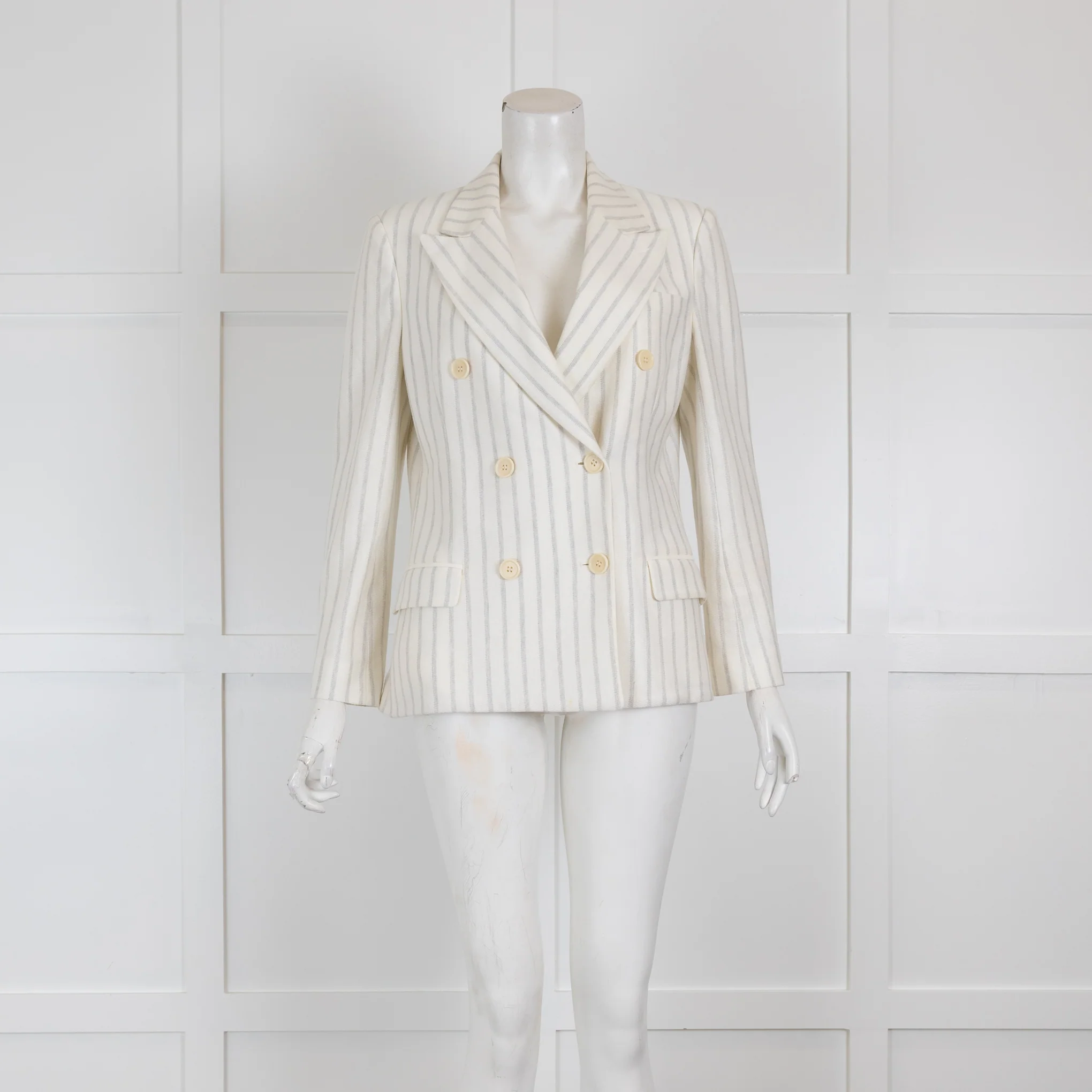 Loro Piana Cream Double Breasted Knit Blazer with Grey Stripes
