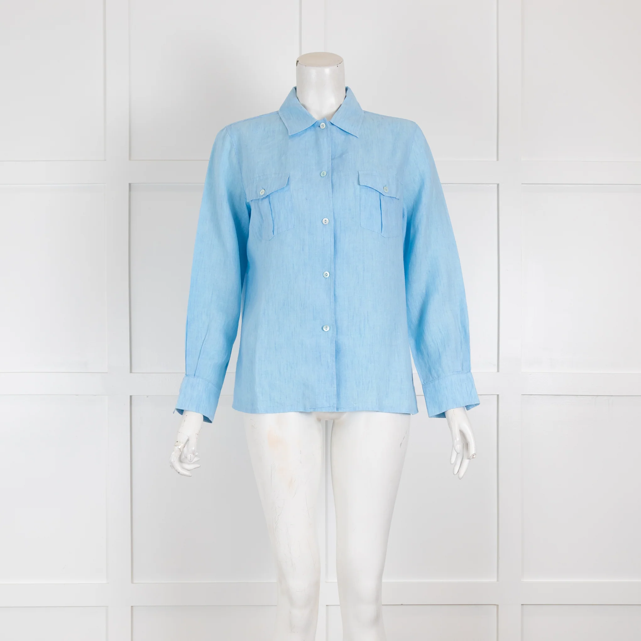 Loro Piana Light Blue Linen Long Sleeved Blouse with Pockets