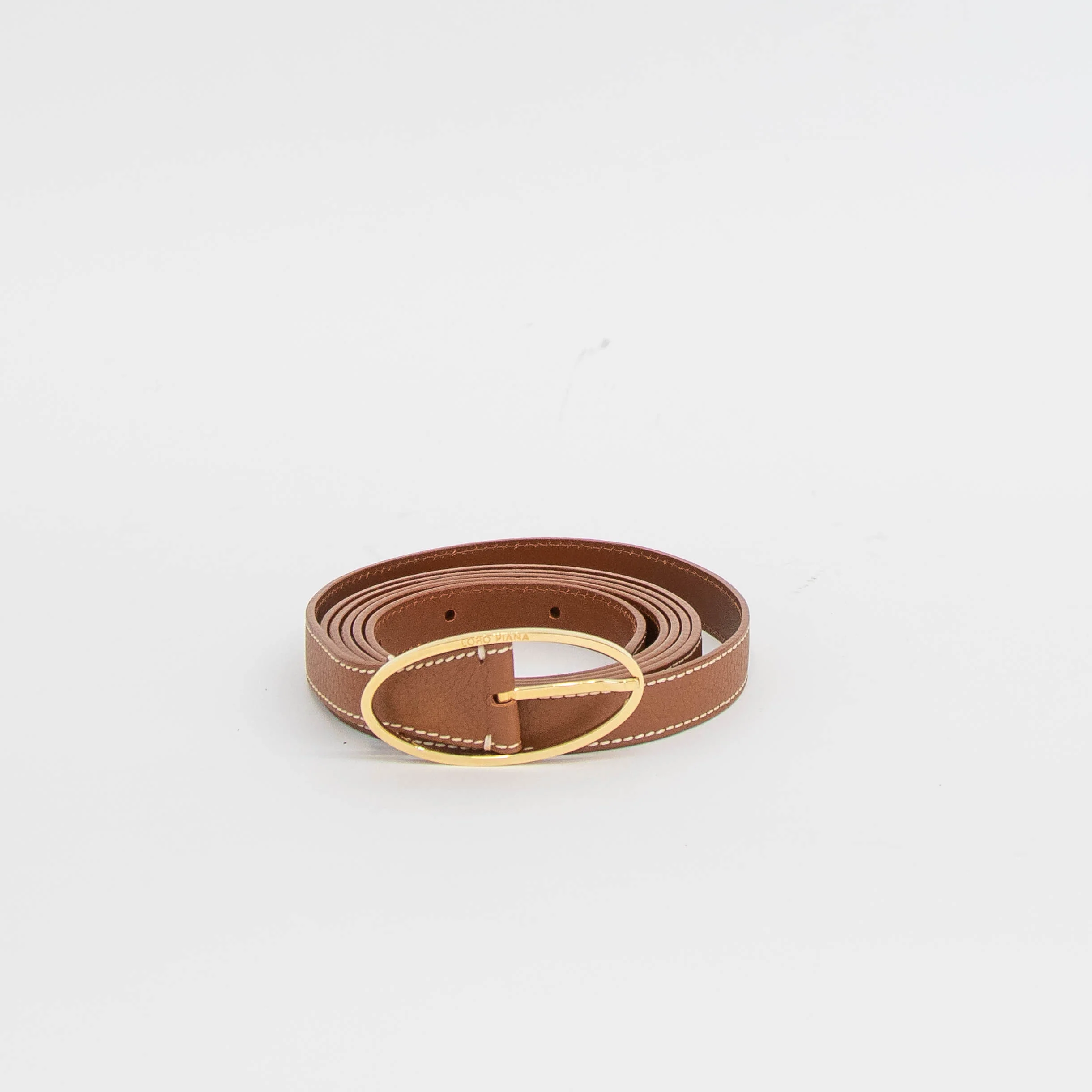 Loro Piana Tan Belt With Gold Tone Oval Buckle - Image 2