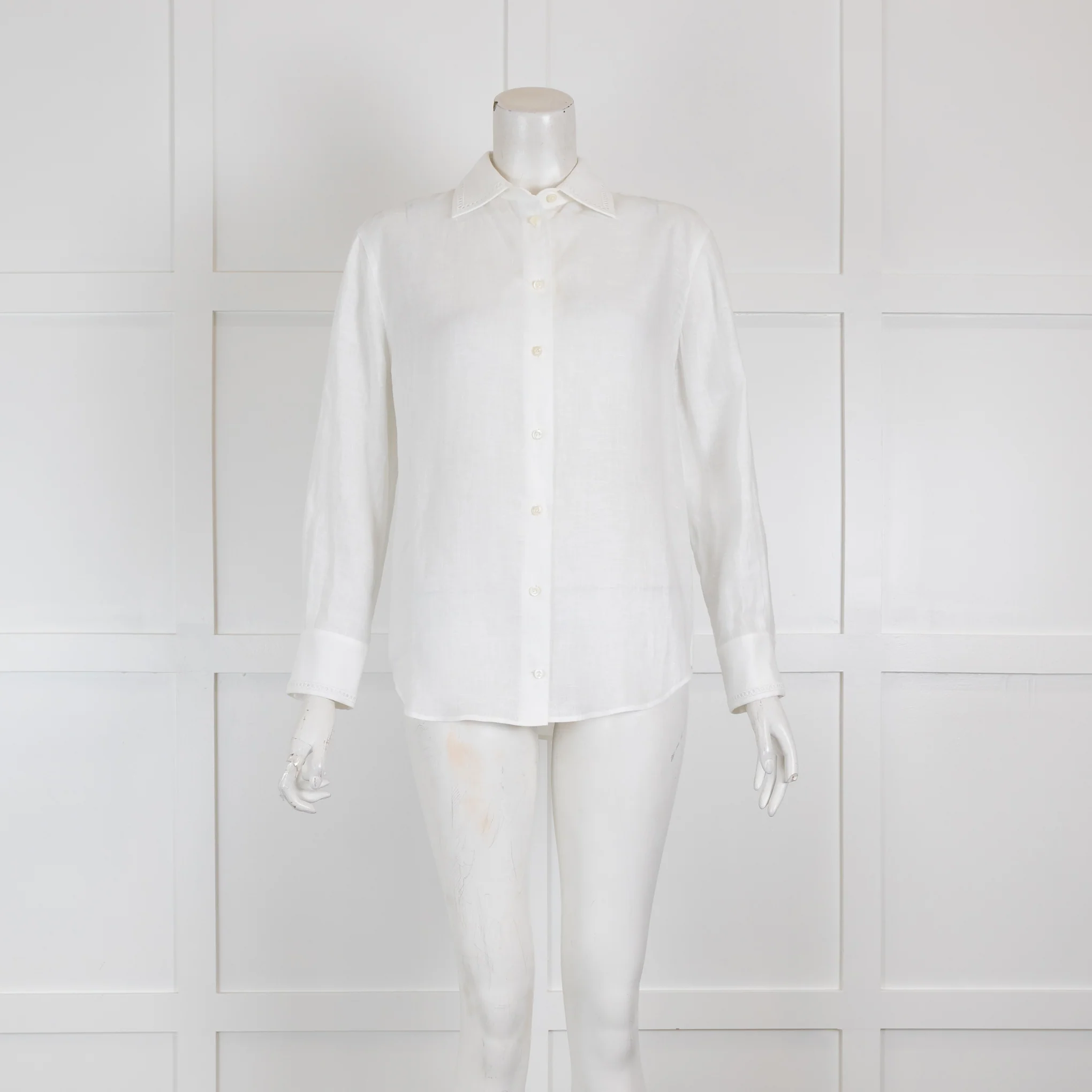 Loro Piana White Long Sleeved Blouse with Broderie Anglaise Collar & Hem
