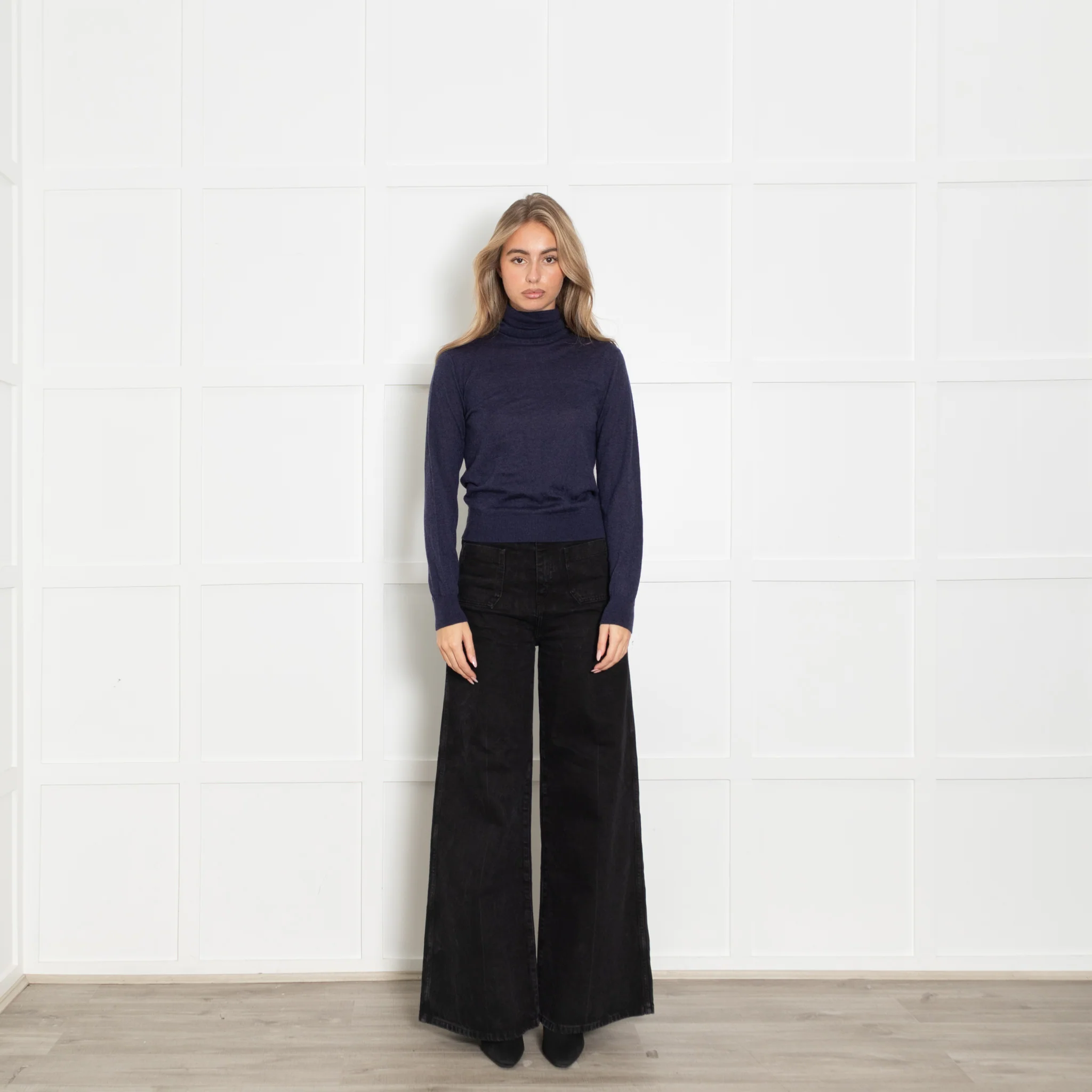 Loro Piano Navy Fine Knit Polo Neck Sweater