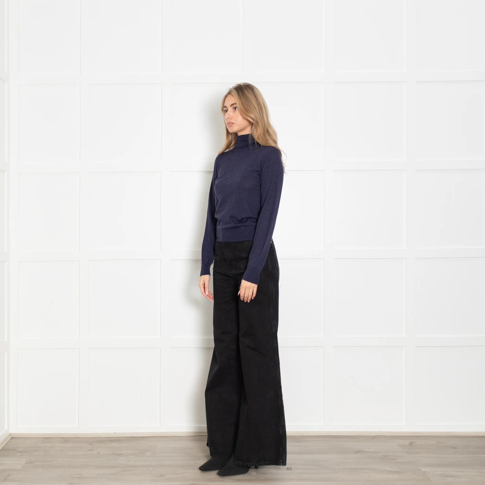 Loro Piano Navy Fine Knit Polo Neck Sweater - Image 3