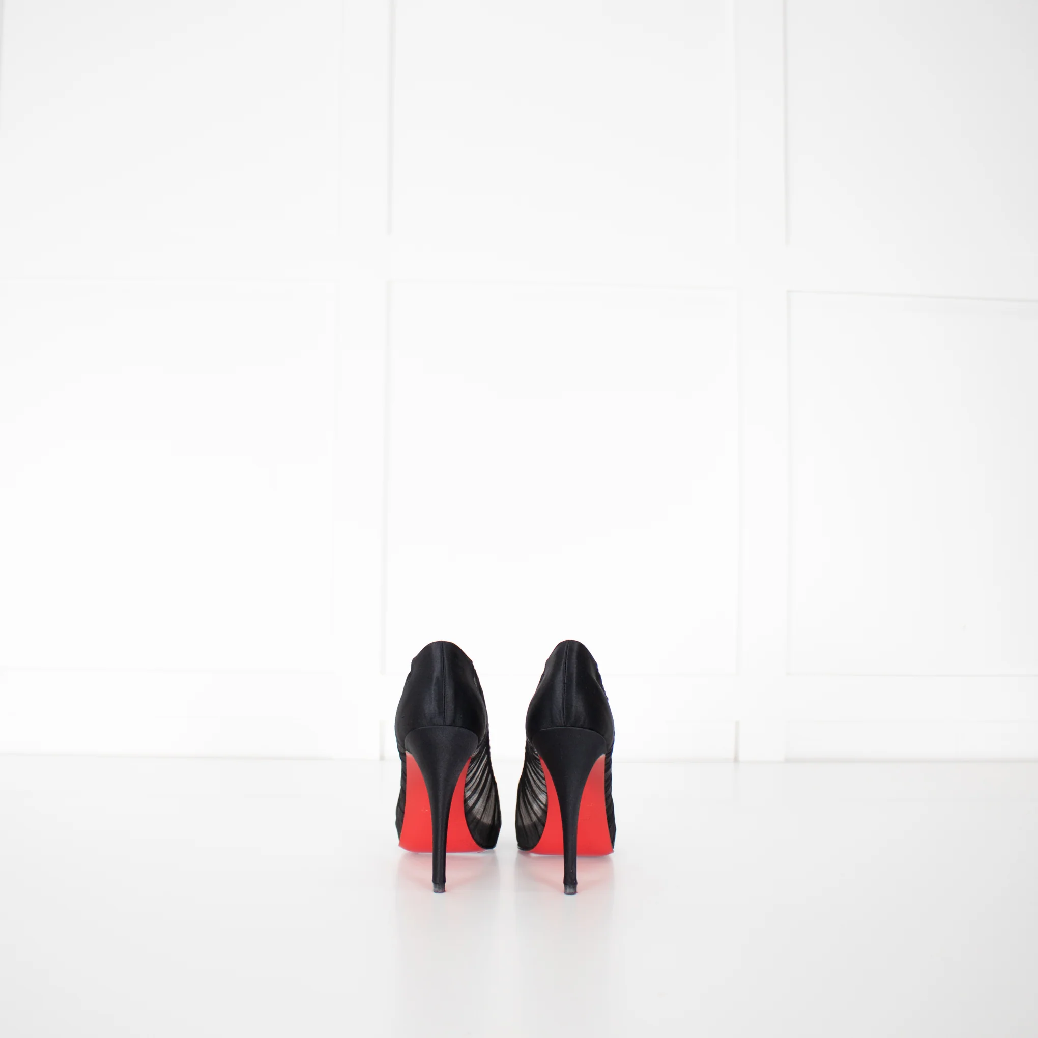 Christian Louboutin Black Satin Chiffon Parisienne Plato 85 Pumps - Image 5