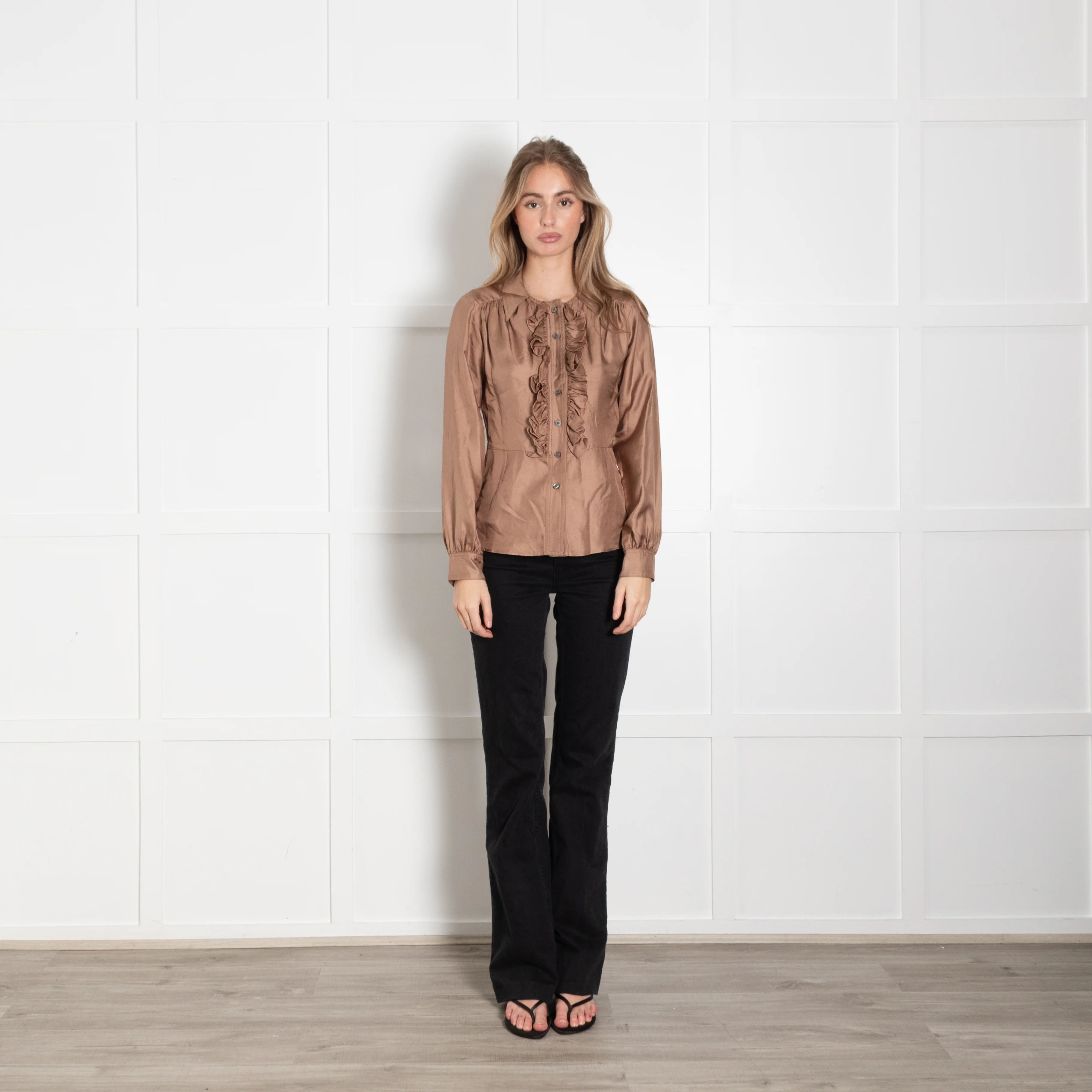 Louis Vuitton Brown Frill Detail Front Open Silk Shirt
