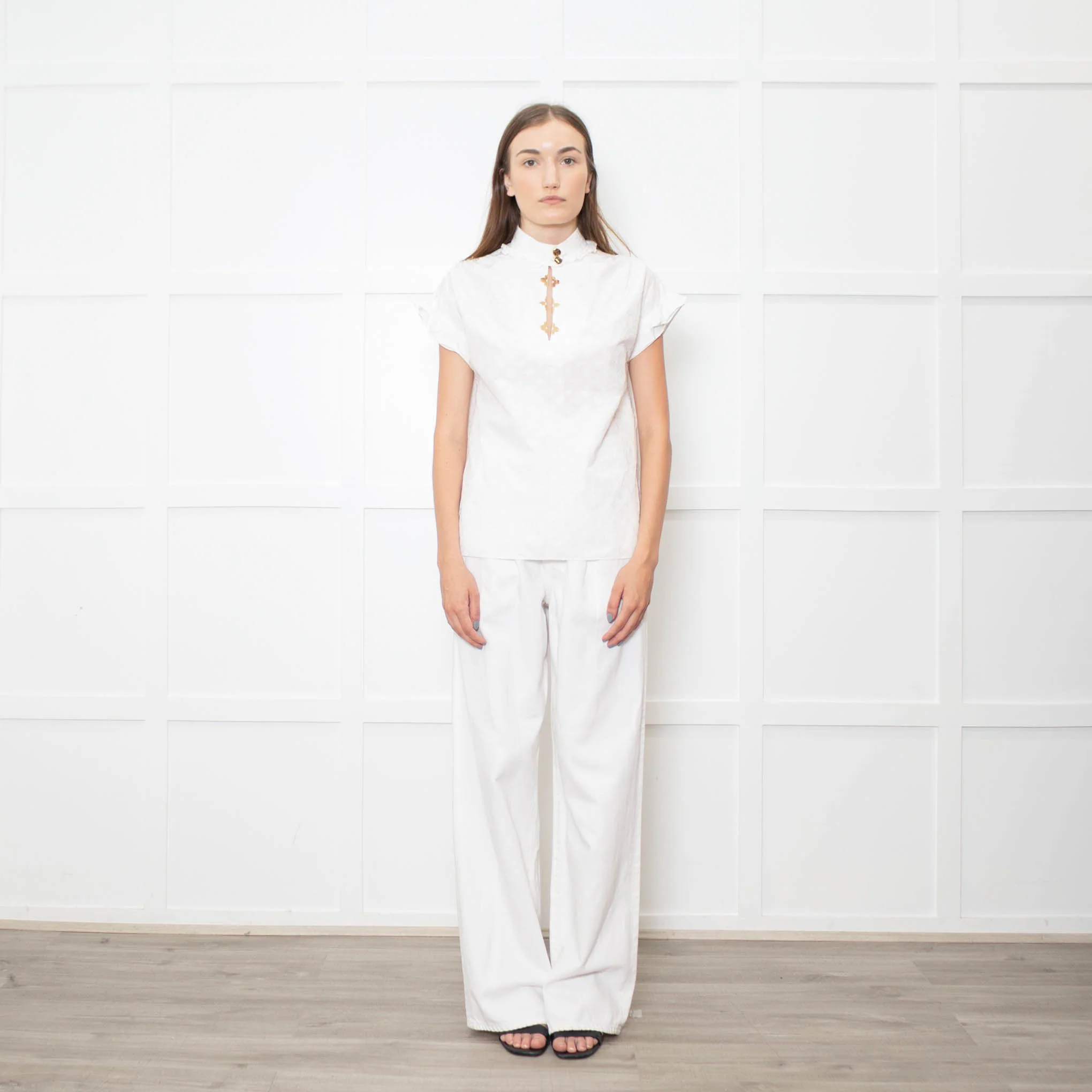 Louis Vuitton White On White Monogram Gold Buttons Cotton Top