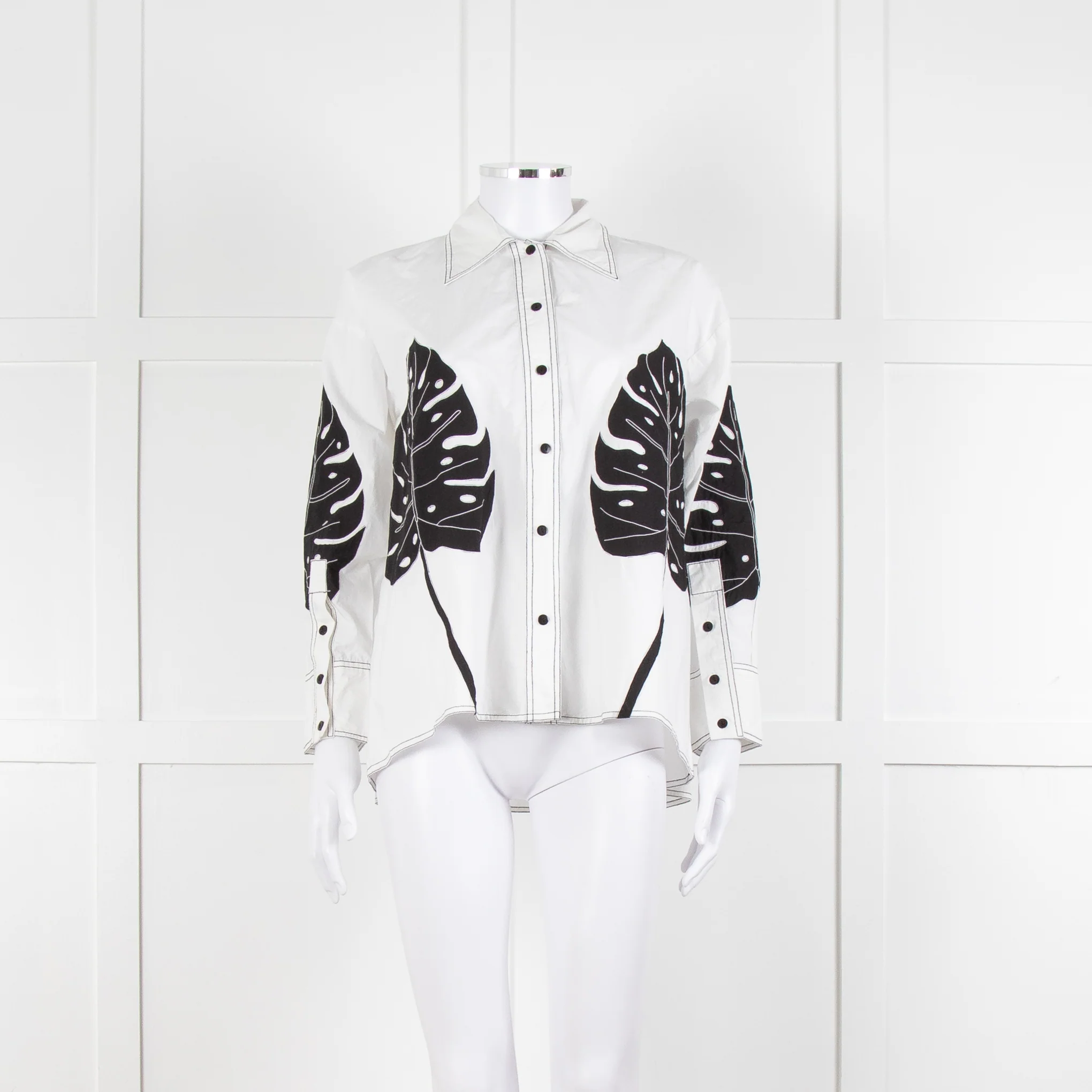 LOVEBIRDS White Cotton Leaf Print Applique Long Sleeve Shirt