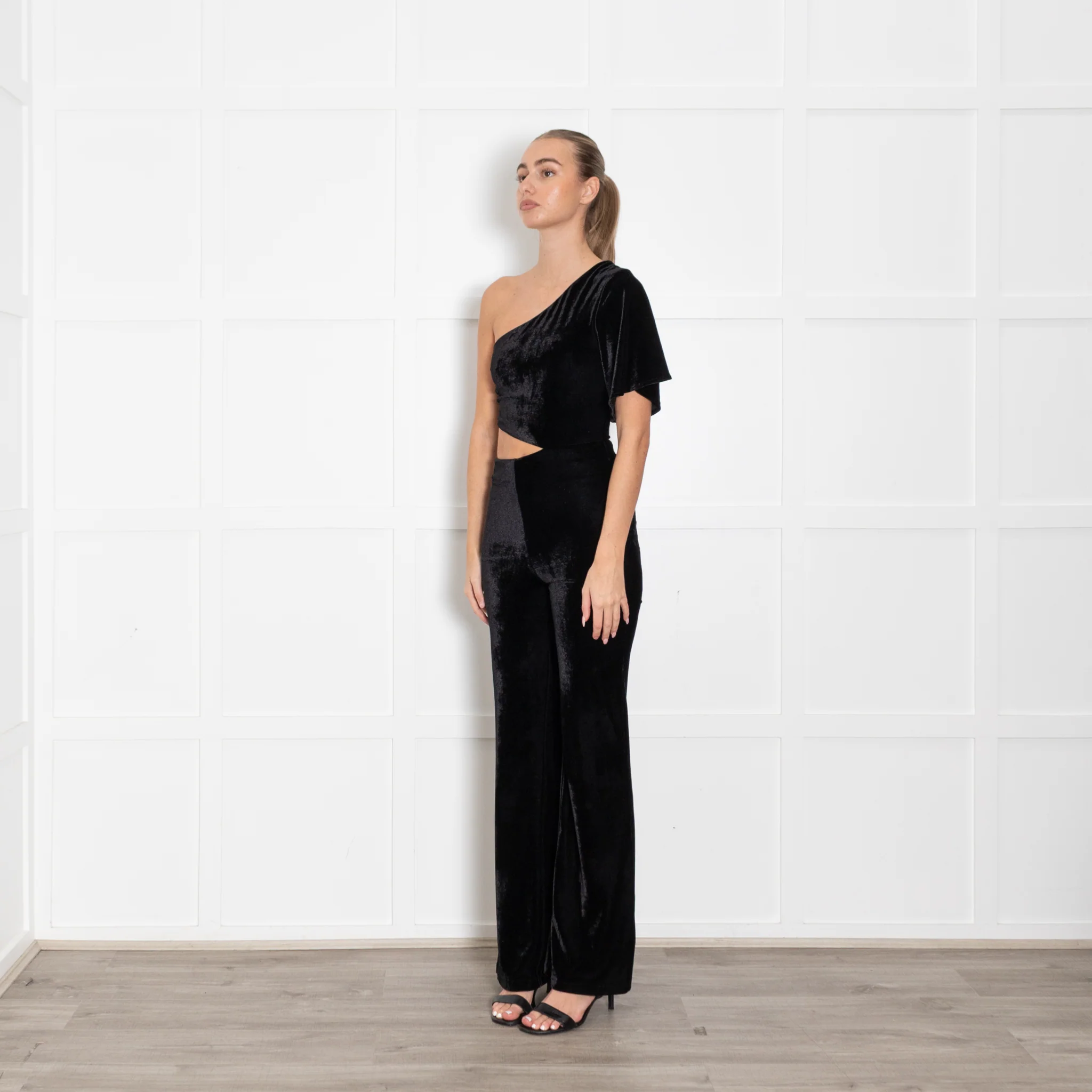 Lovers + Friends Black Velvet Cutout Off the Shoulder Jumpsuit - Image 3