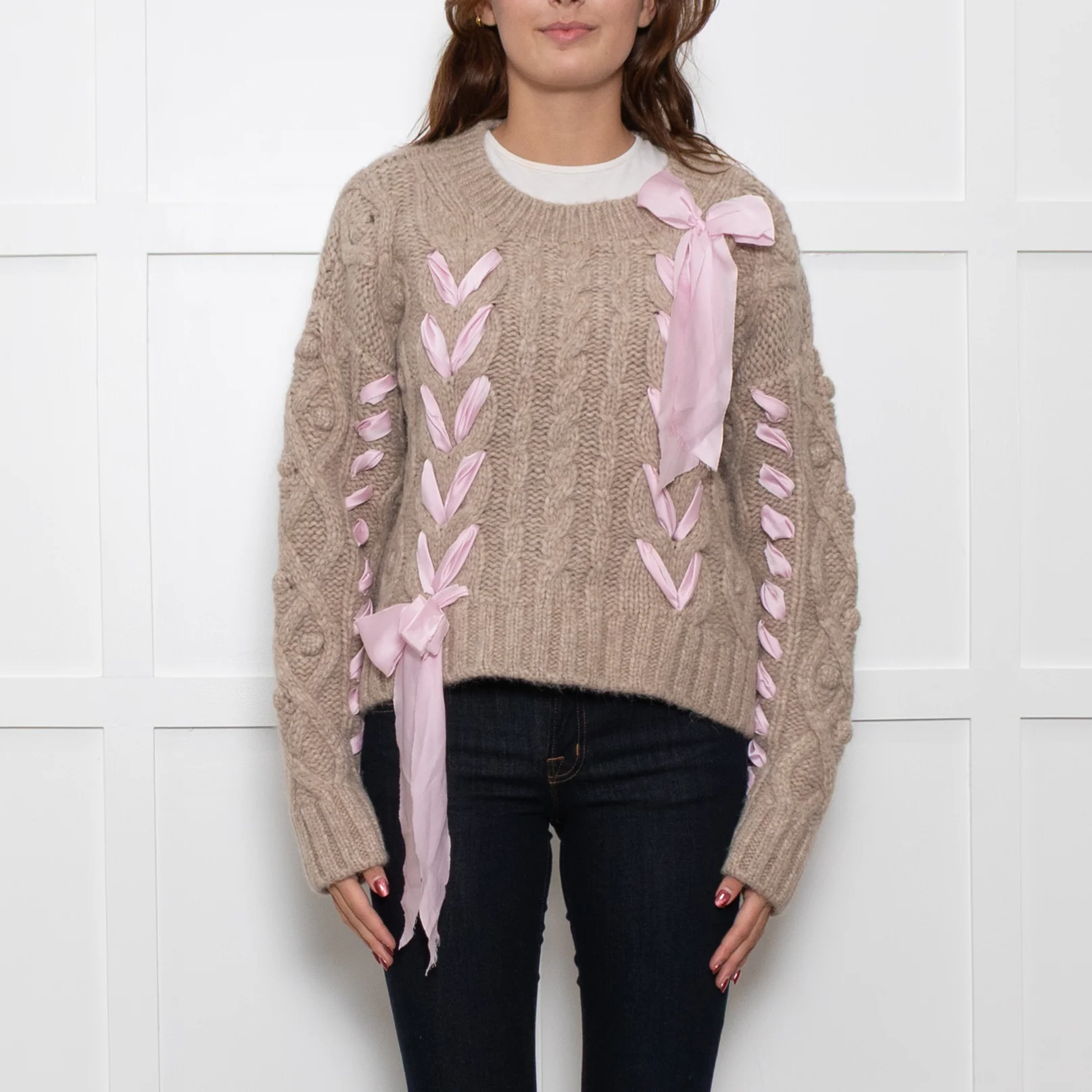 LoveShackFancy Beige Cable Pink Ribbon Detail Sweater - Image 2