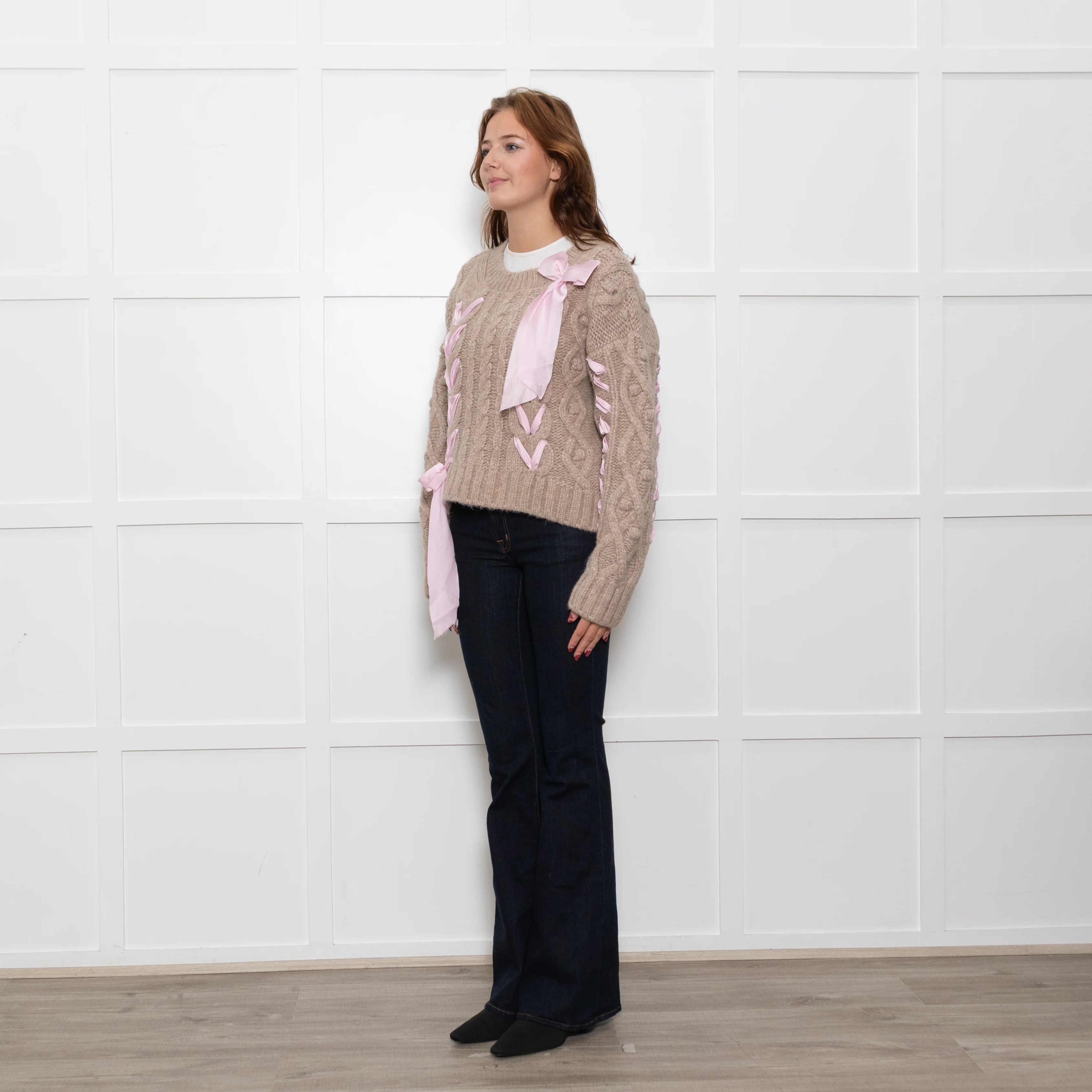 LoveShackFancy Beige Cable Pink Ribbon Detail Sweater - Image 3