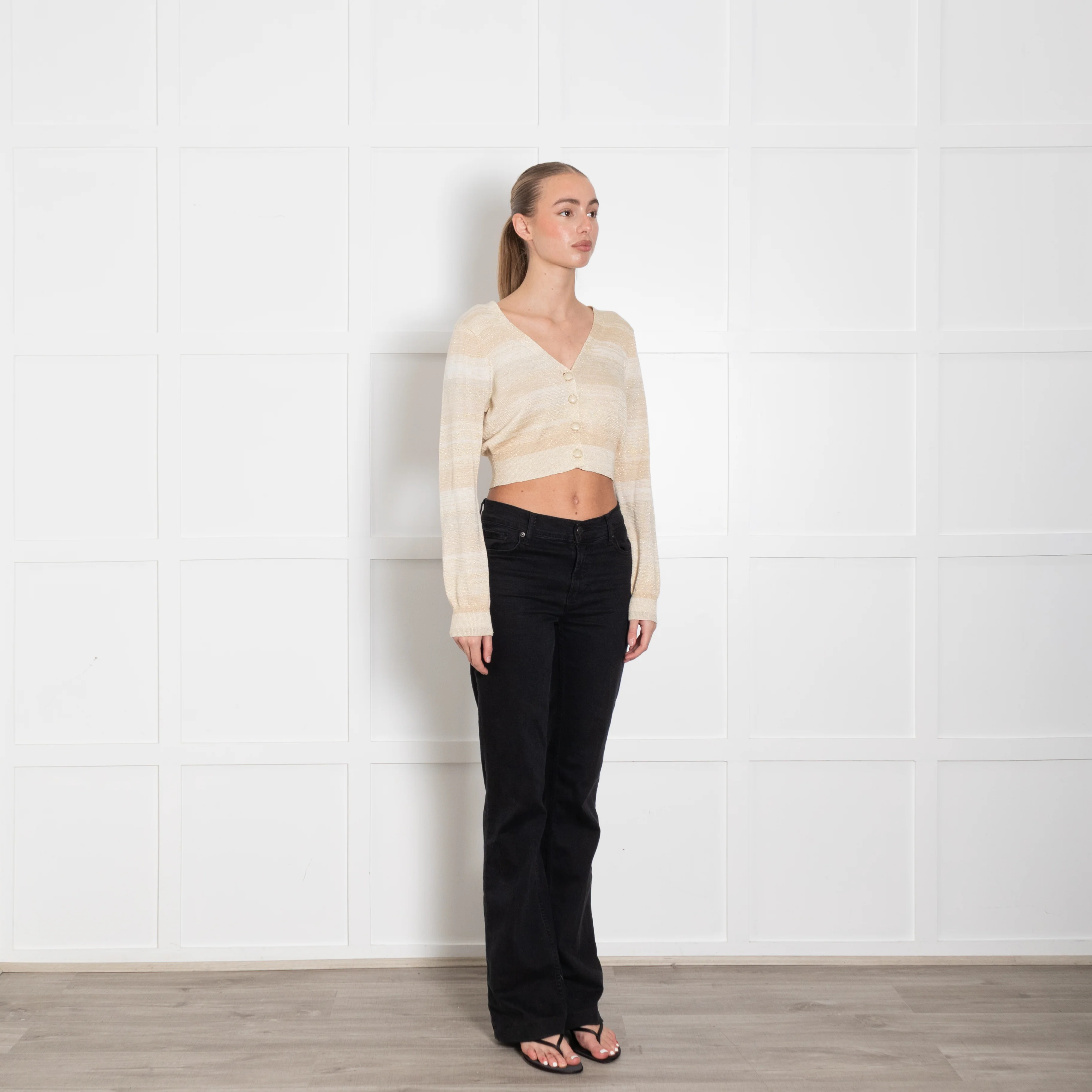 LoveShackFancy Beige Gold Cotton Blend Cropped Cardigan - Image 7