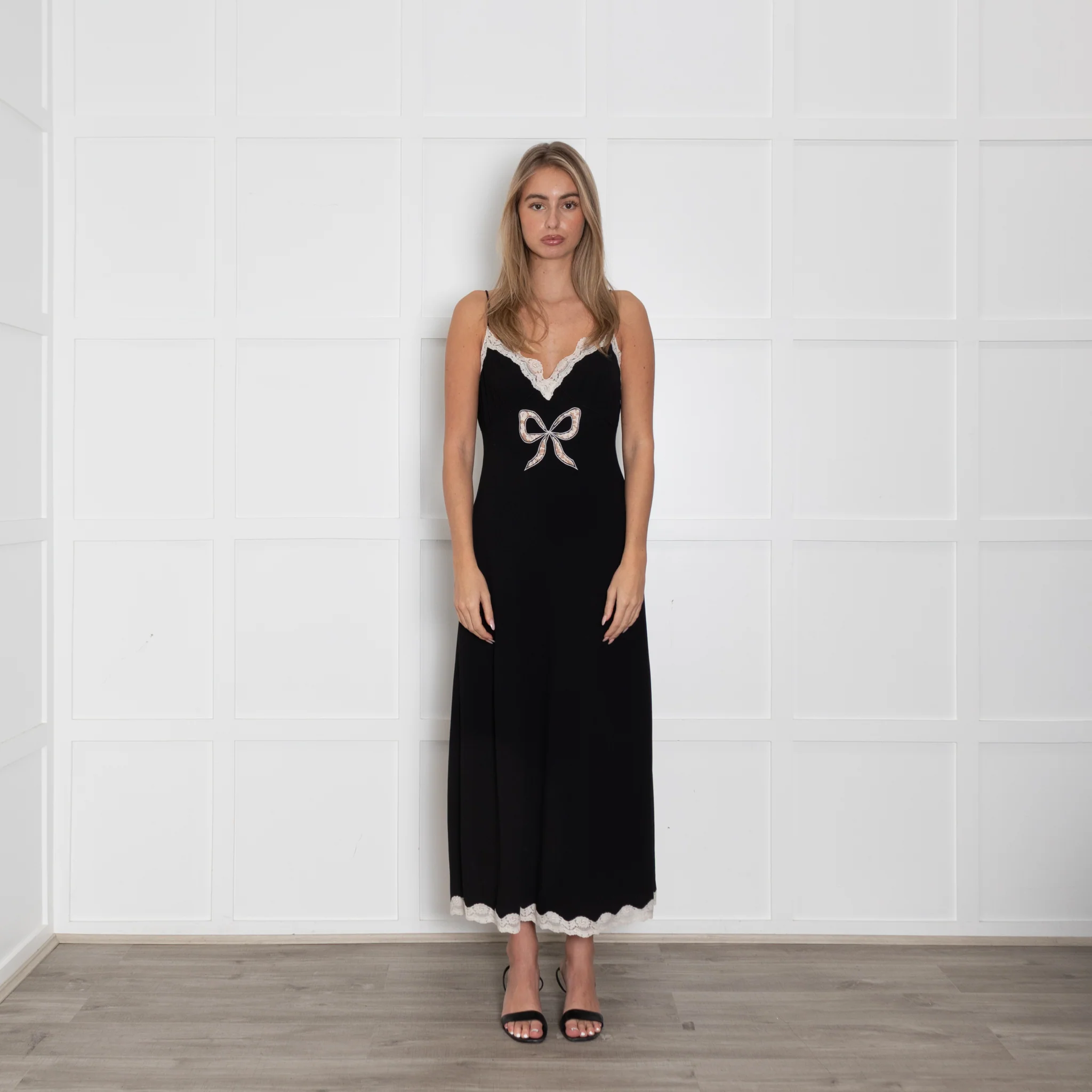 LoveShackFancy Black Cream Lace Trim Slip Dress