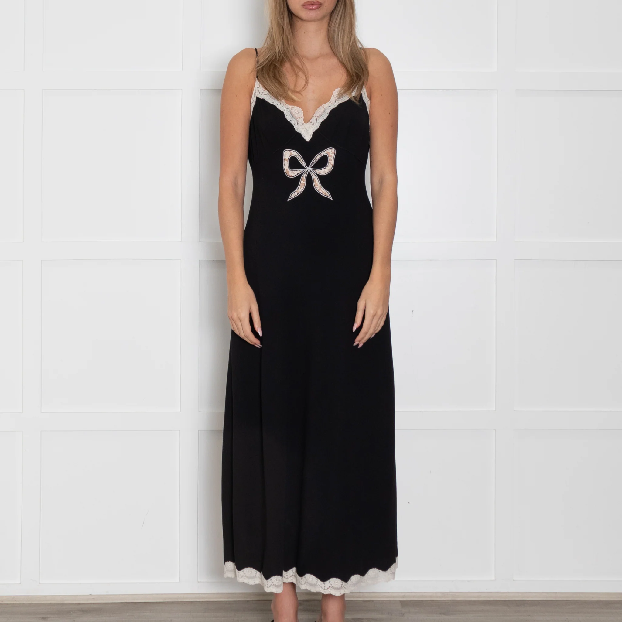 LoveShackFancy Black Cream Lace Trim Slip Dress - Image 2