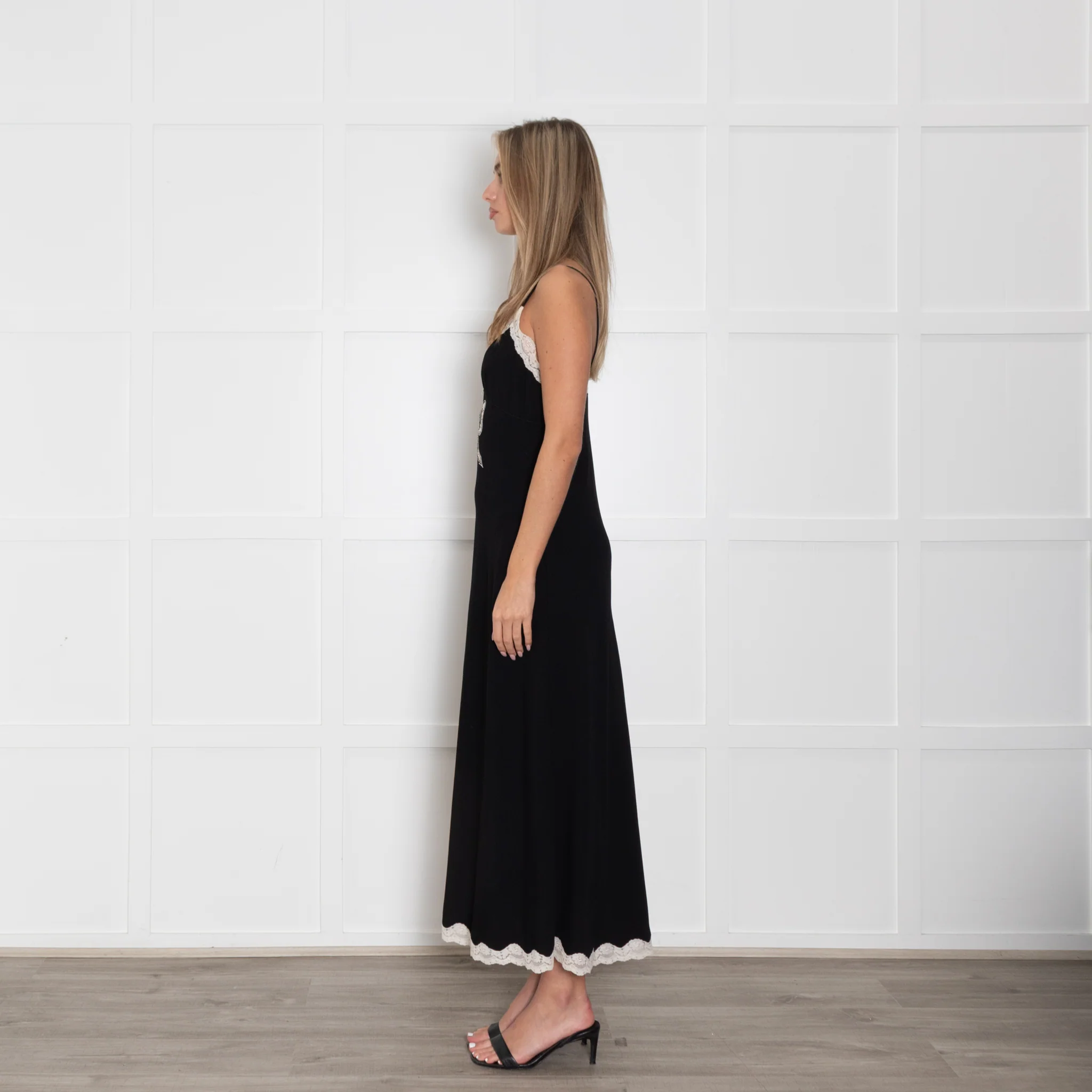 LoveShackFancy Black Cream Lace Trim Slip Dress - Image 4