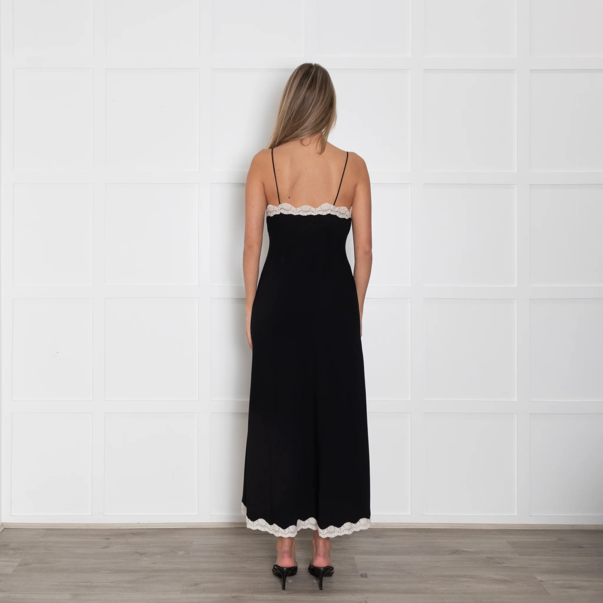 LoveShackFancy Black Cream Lace Trim Slip Dress - Image 5
