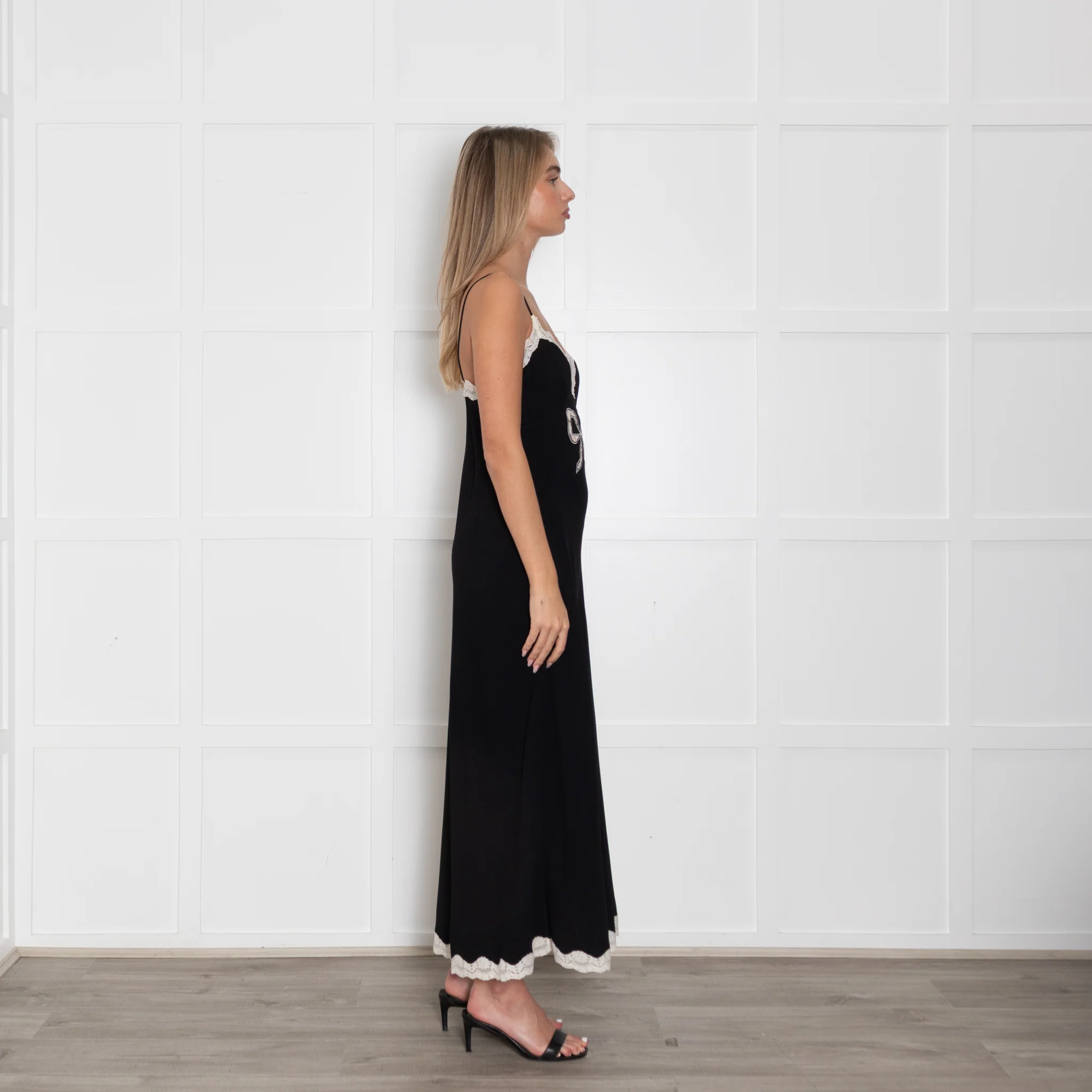 LoveShackFancy Black Cream Lace Trim Slip Dress - Image 6