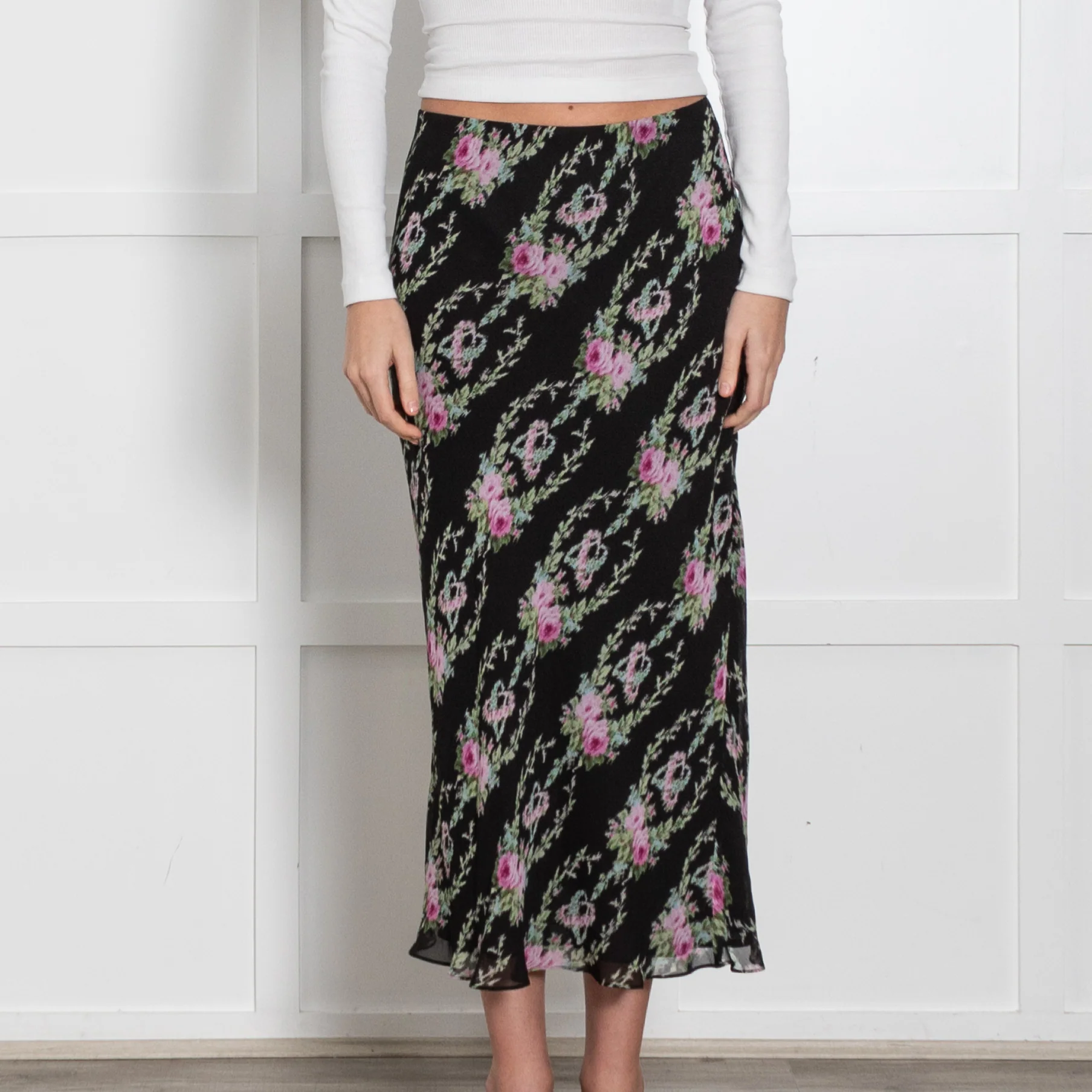 LoveShackFancy Black Green Pink Floral Skirt - Image 2