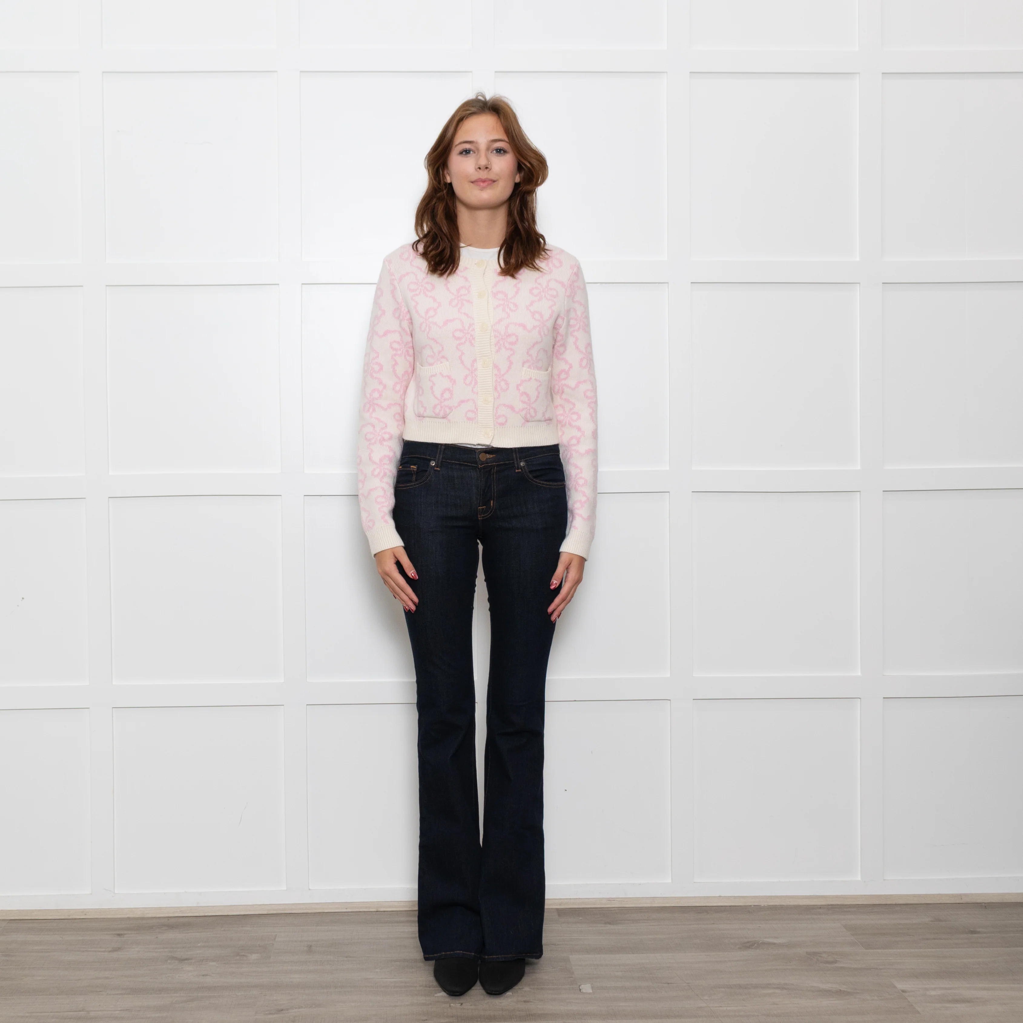 LoveShackFancy Cream Pink Bow Print Cardigan