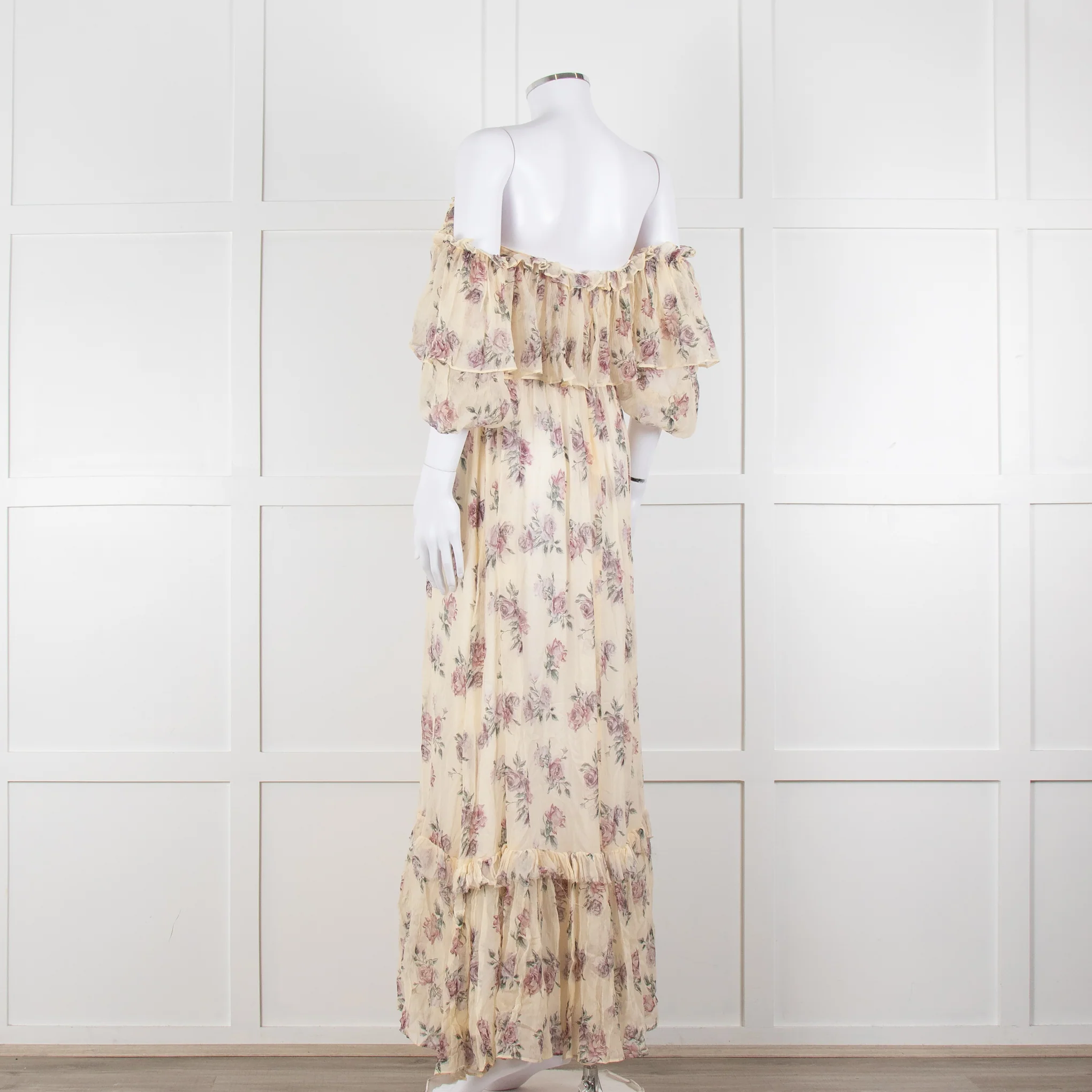 LoveShackFancy Cream Purple Chiffon Off The Shoulder Maxi Dress - Image 4